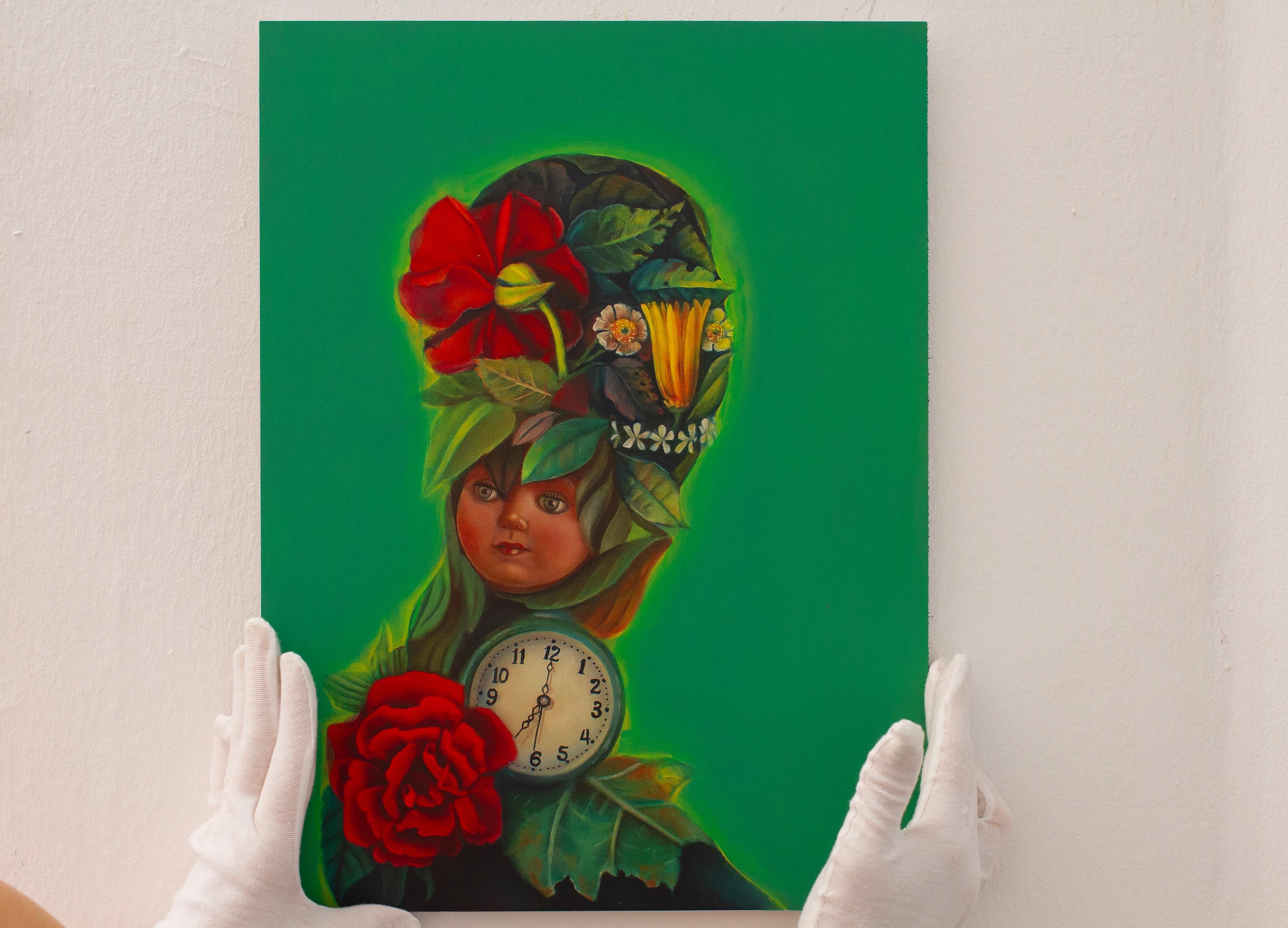 Natasha Lelenco - Kitsch Floral Portrait with Doll and Clock on Green ...