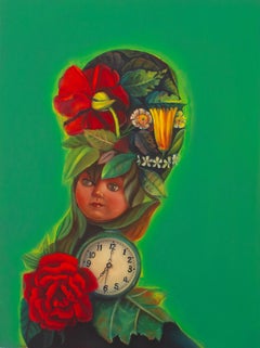Kitsch Floral Portrait with Doll and Clock on Green Background - Limited Edition