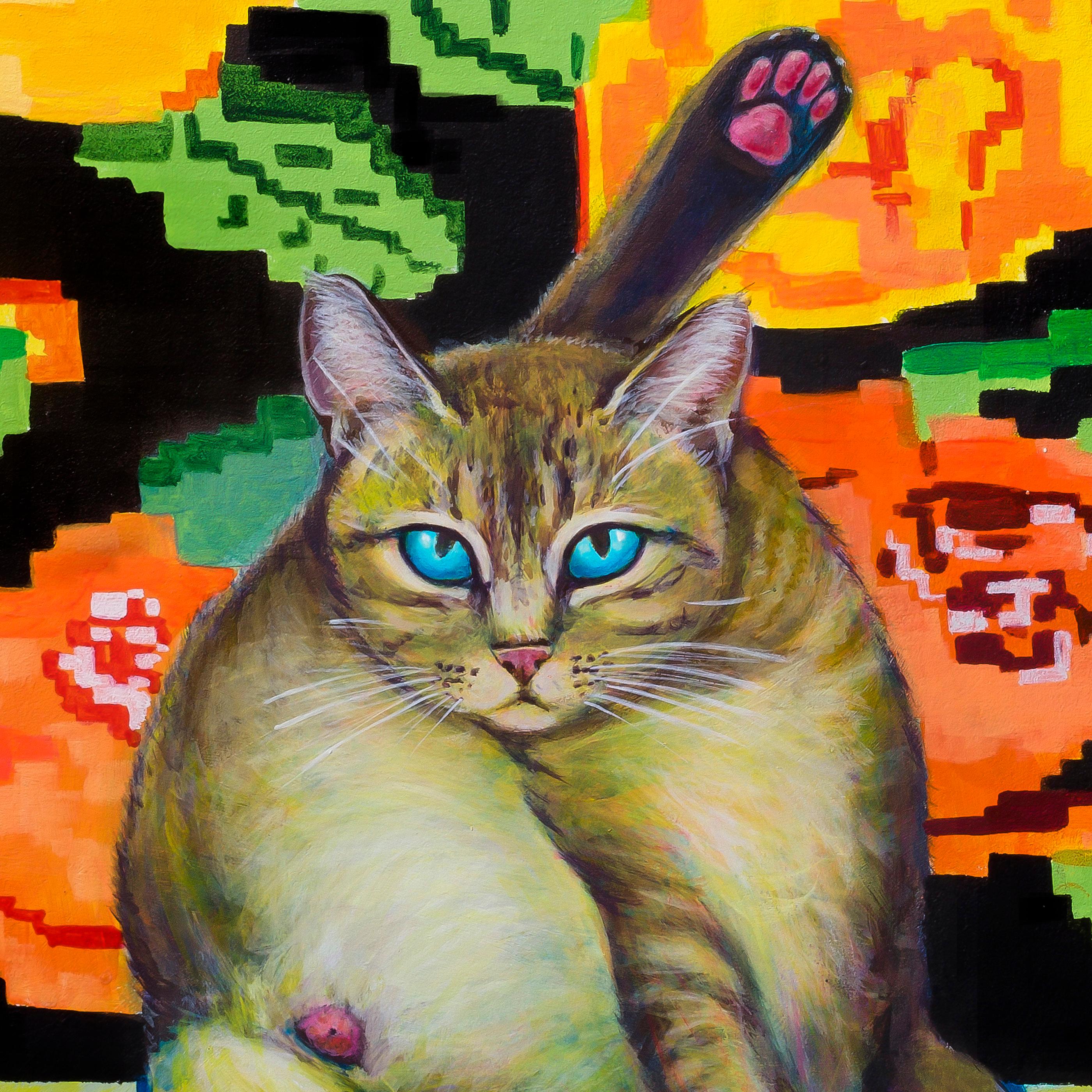 Großes farbenfrohes Katzenporträt mit Stillleben. Limitierte Auflage 5/25 auf Dibond – Print von Natasha Lelenco