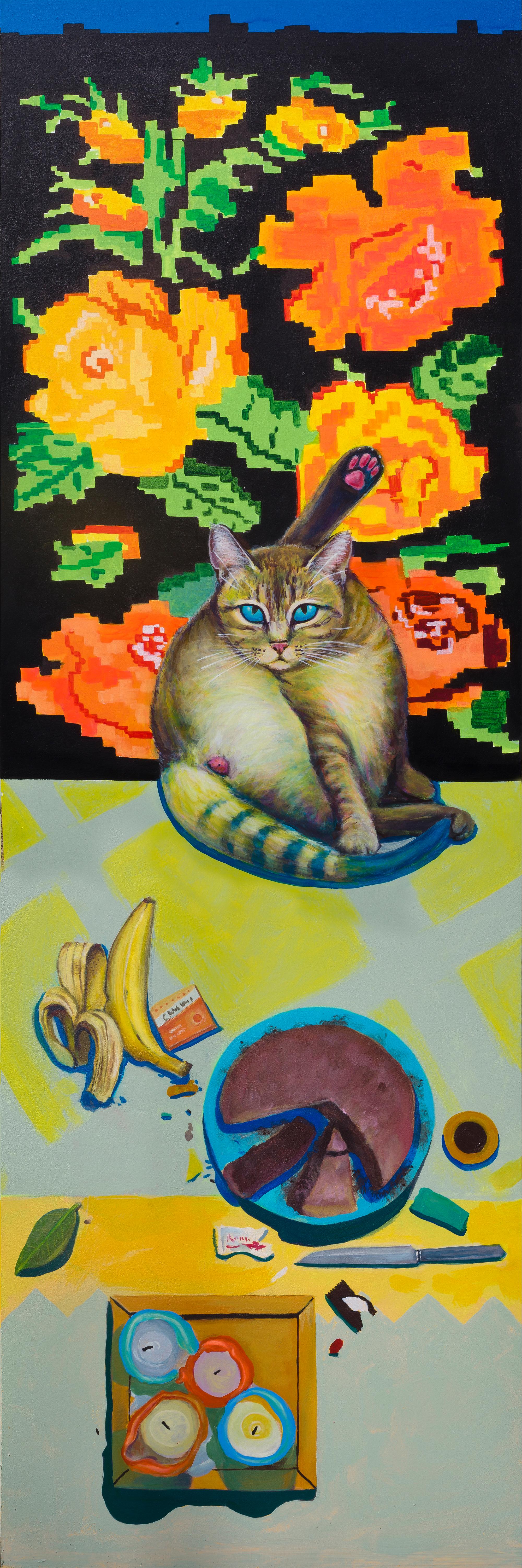 Natasha Lelenco Still-Life Print – Großes farbenfrohes Katzenporträt mit Stillleben. Limitierte Auflage 5/25 auf Dibond