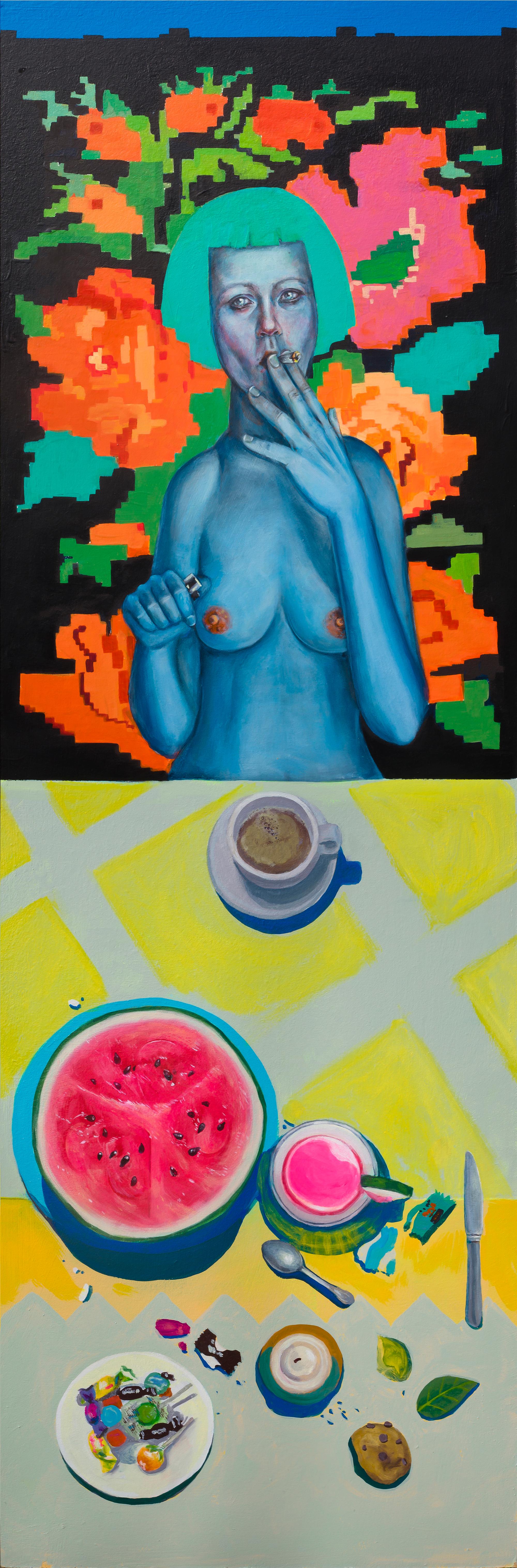 Escena de Mesa Surrealista - Tríptico de Hermana, Novia y Gato, Fondo Floral 7/25 - Print Arte pop de Natasha Lelenco