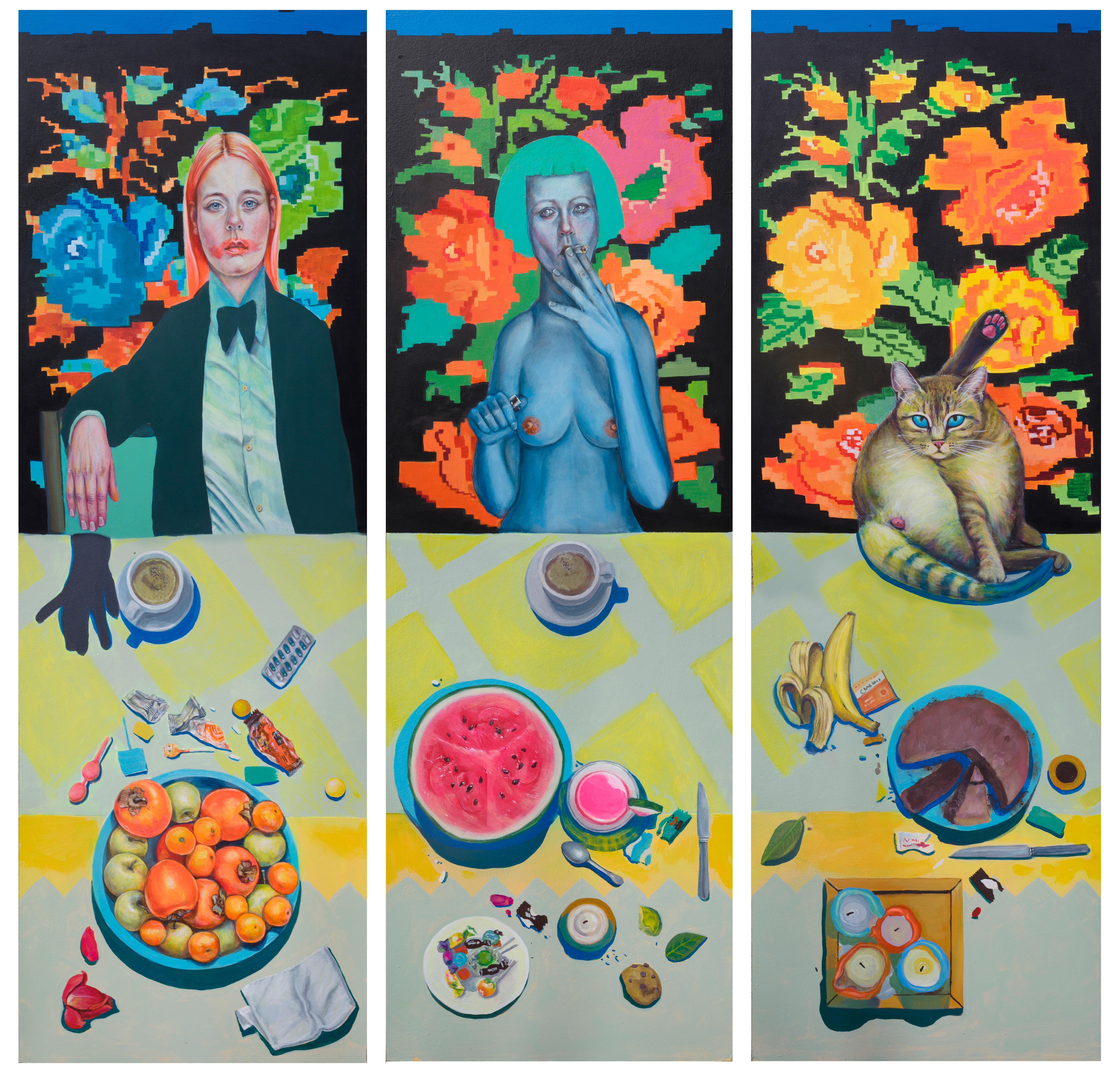 Natasha Lelenco Still-Life Print - Large Triptych. Sister, Girlfriend, Cat And Still Life. Ltd. Ed. 7/25 On Dibond