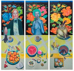 Used Large Triptych. Sister, Girlfriend, Cat And Still Life. Ltd. Ed. 7/25 On Dibond