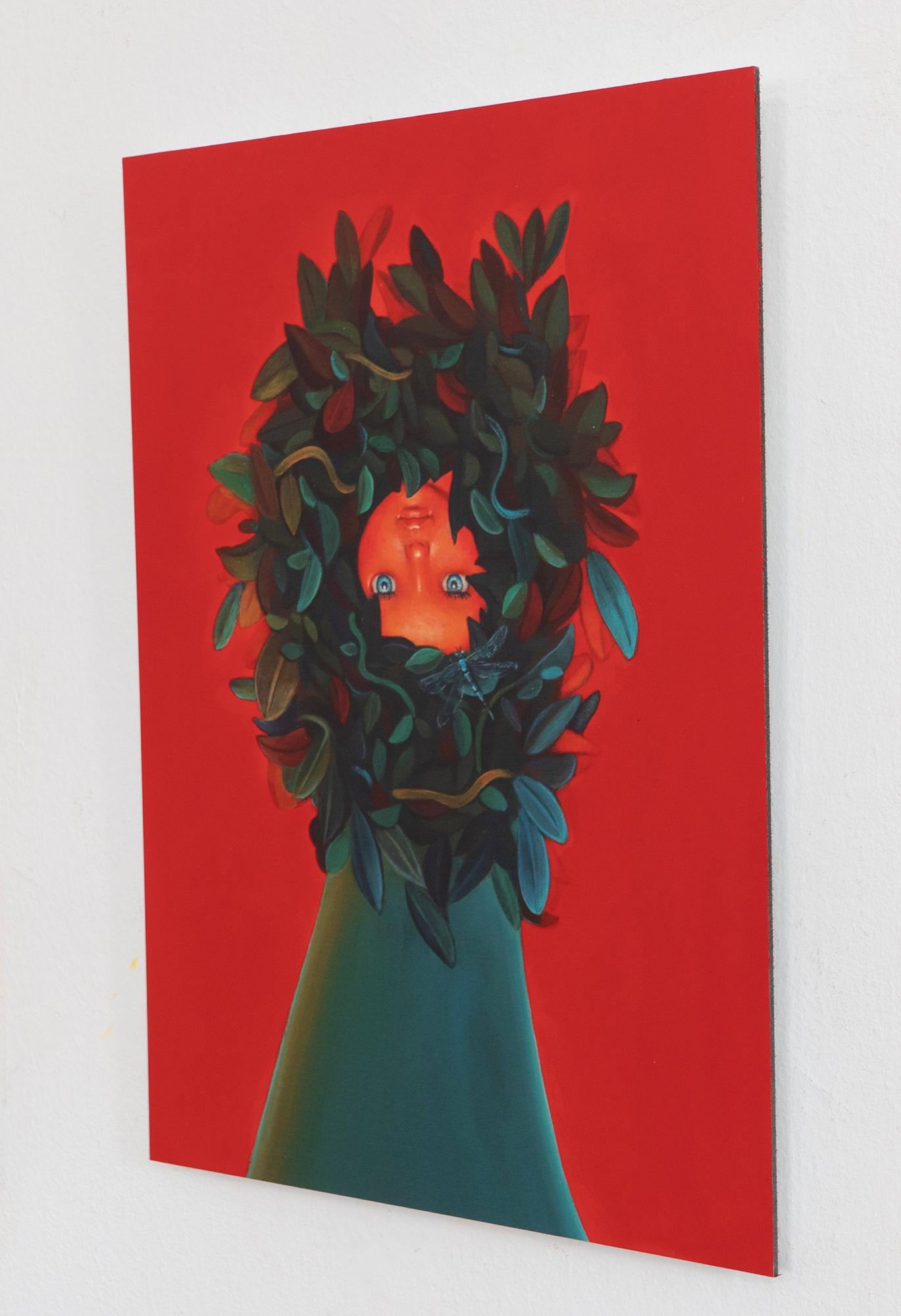 Retrato de Muñequita con Plantas sobre Fondo Rojo. Edición limitada 25/25 en venta 7