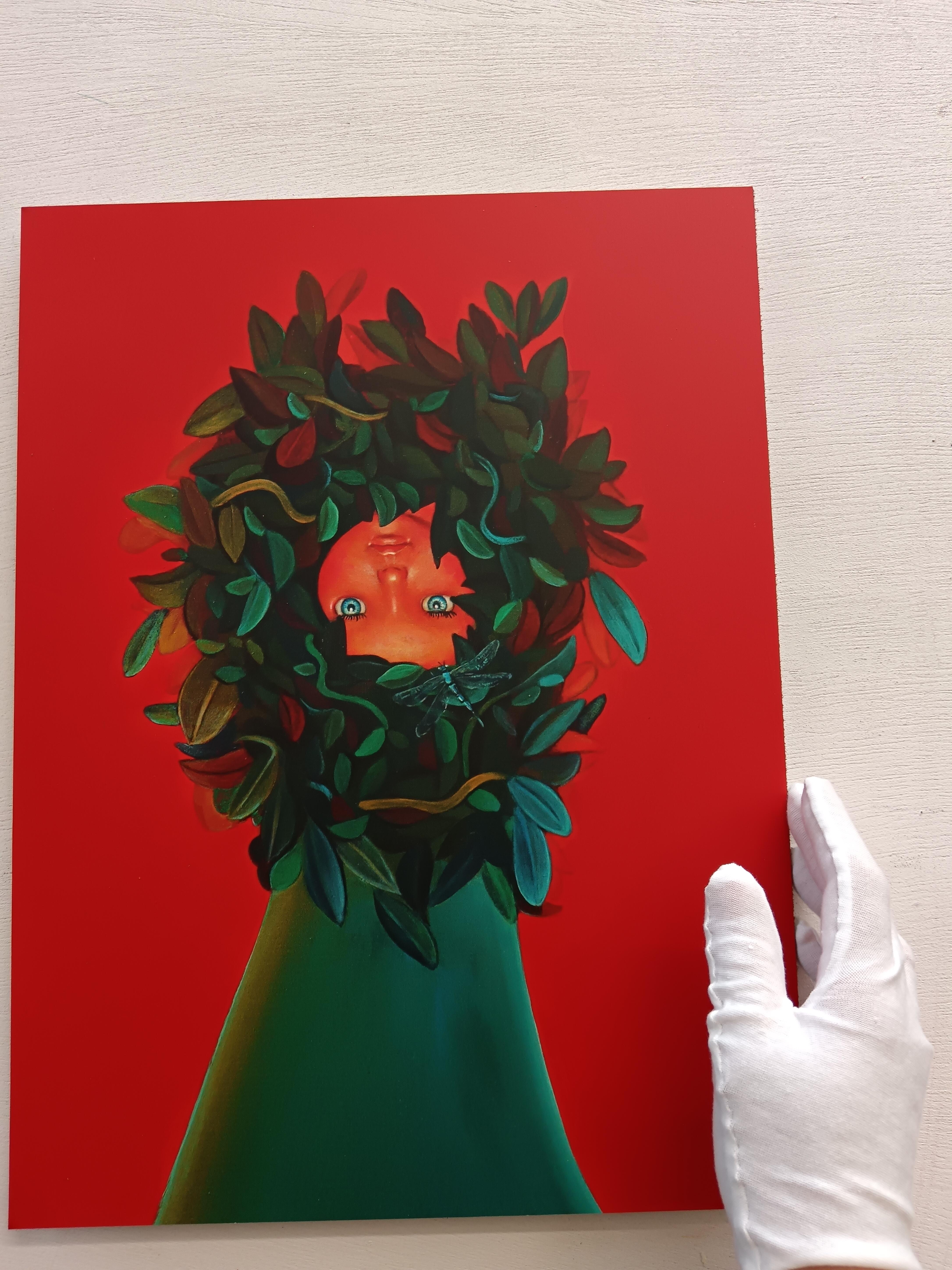 Retrato de Muñequita con Plantas sobre Fondo Rojo. Edición limitada 25/25 - Print de Natasha Lelenco