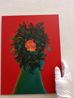 Little Doll Portrait with Plants on Red Background. Limited Edition 25/25