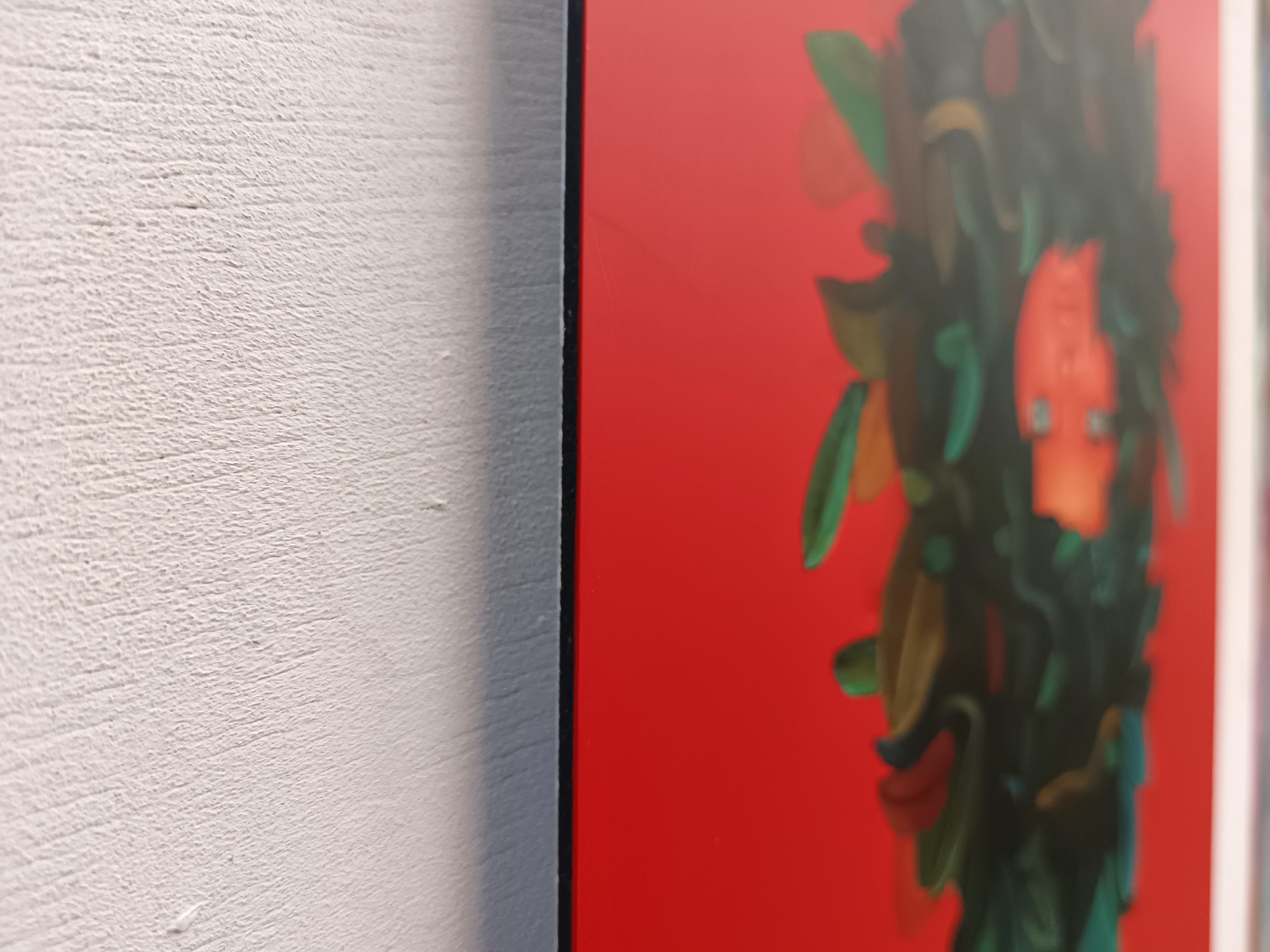 Retrato de Muñequita con Plantas sobre Fondo Rojo. Edición limitada 25/25 - Print Surrealista de Natasha Lelenco