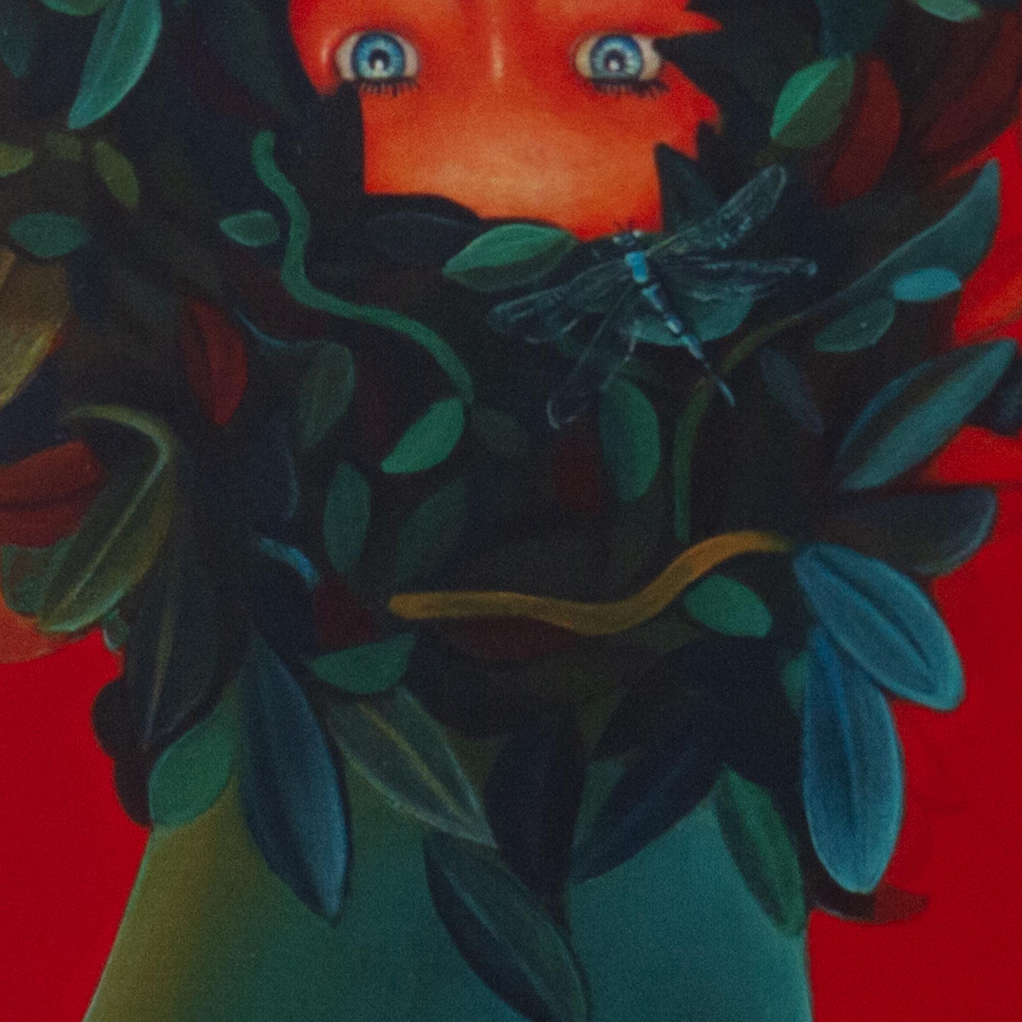 Retrato de Muñequita con Plantas sobre Fondo Rojo. Edición limitada 25/25 en venta 3