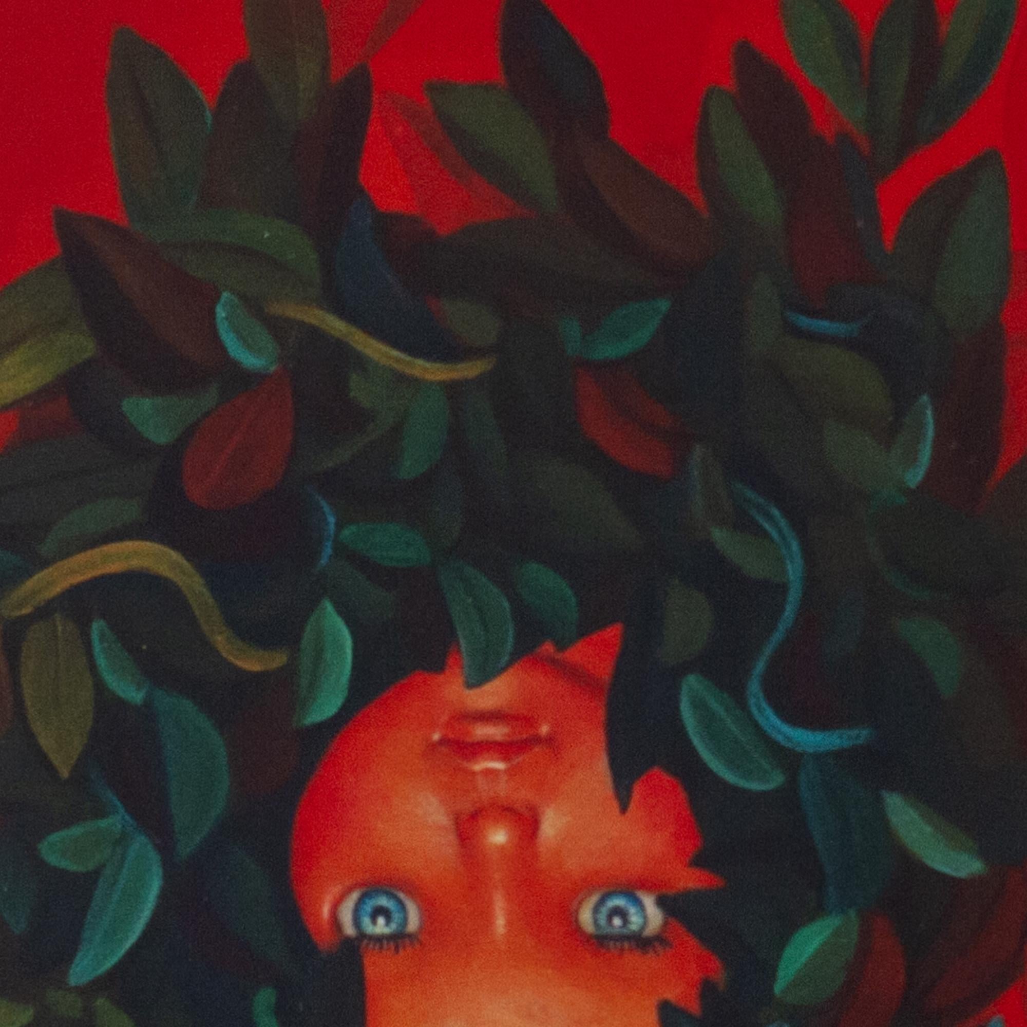Retrato de Muñequita con Plantas sobre Fondo Rojo. Edición limitada 25/25 en venta 4