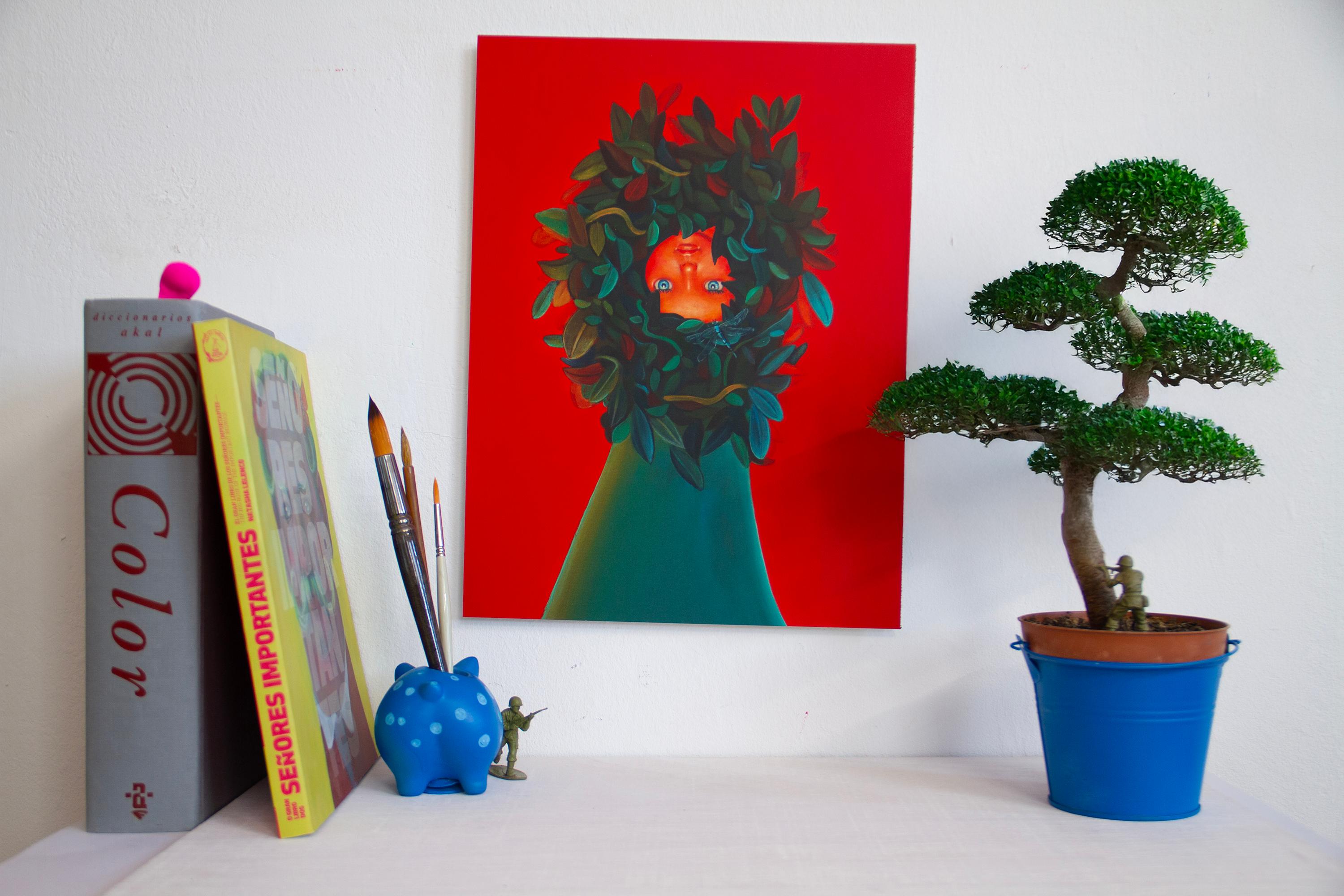 Retrato de Muñequita con Plantas sobre Fondo Rojo. Edición limitada 25/25 en venta 5