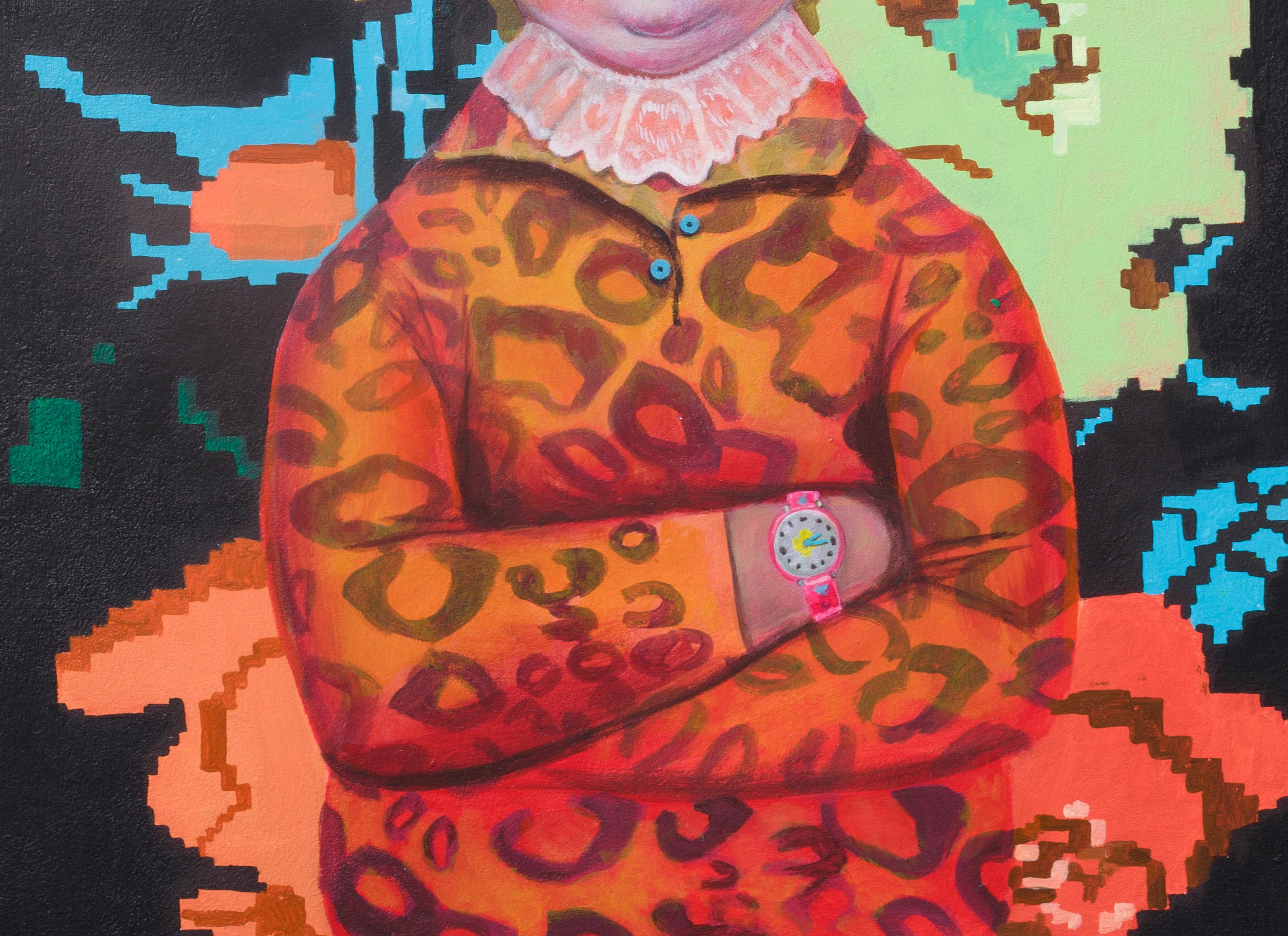 Niña con los brazos cruzados sobre fondo floral. Edición limitada 5/25 - Print Arte pop de Natasha Lelenco