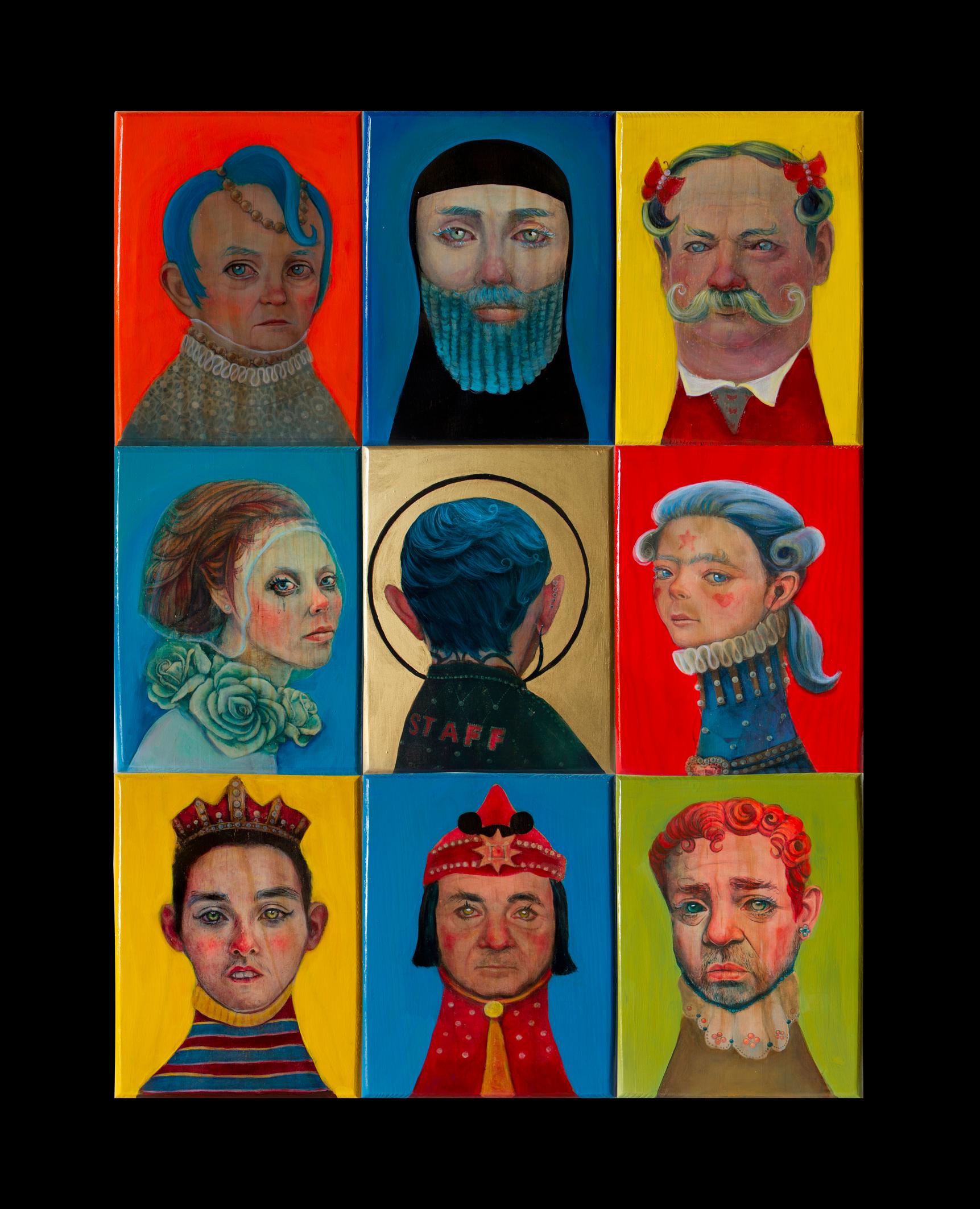 Mixed Media Portrait figuratif contemporain sur panneau de bois 
