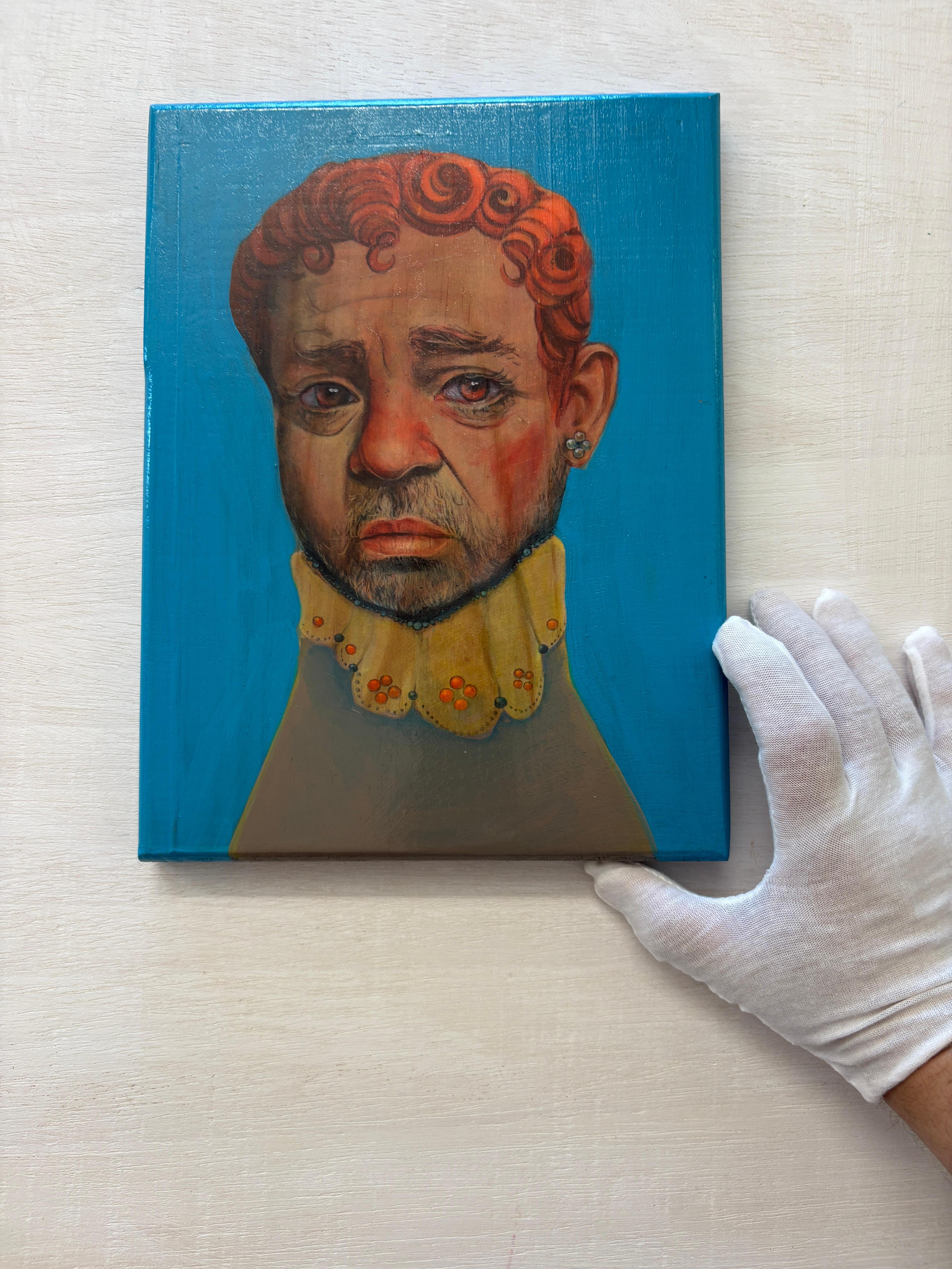 Mixed Media Portrait figuratif contemporain sur panneau de bois 