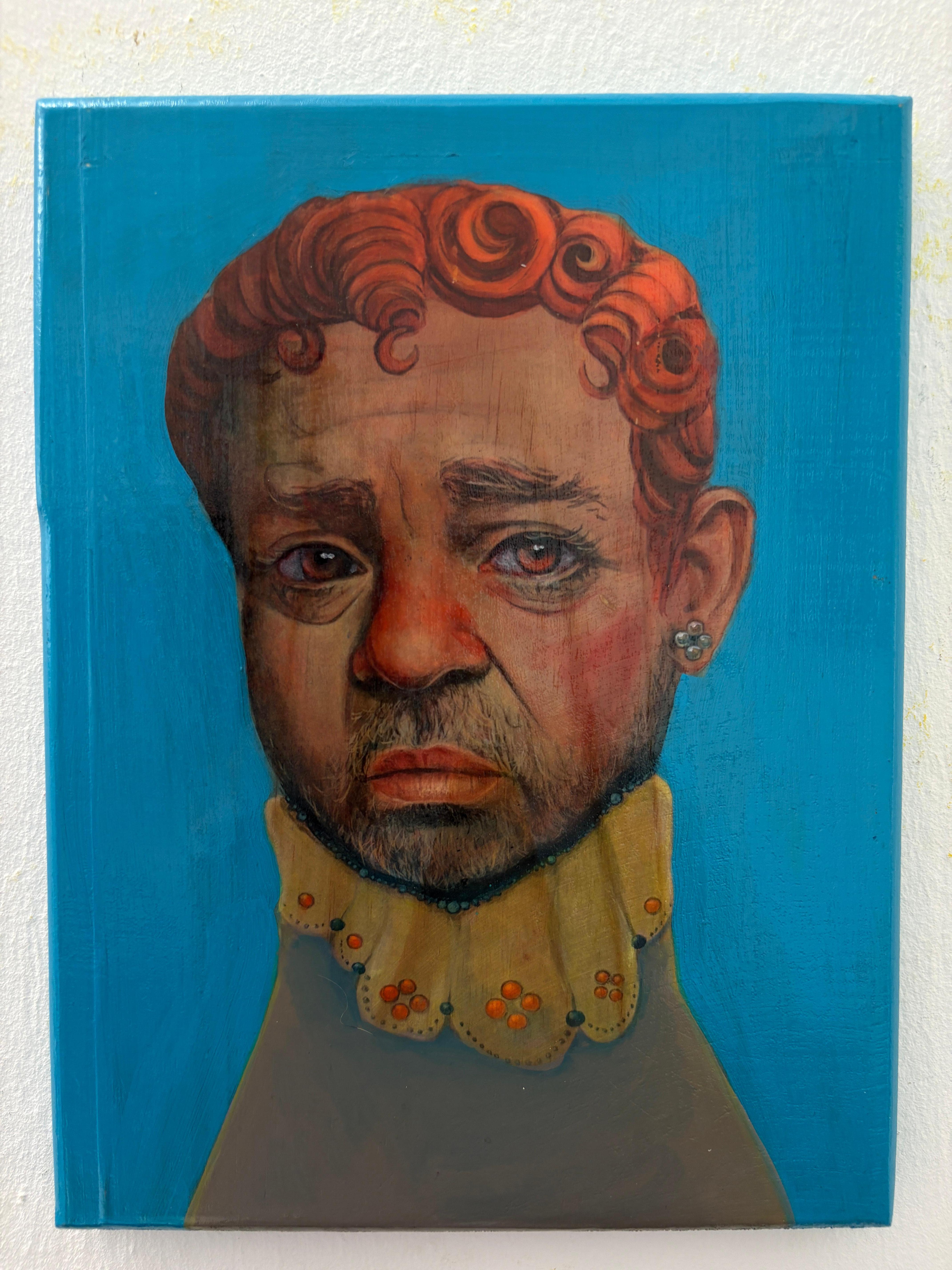 Mixed Media Portrait figuratif contemporain sur panneau de bois 