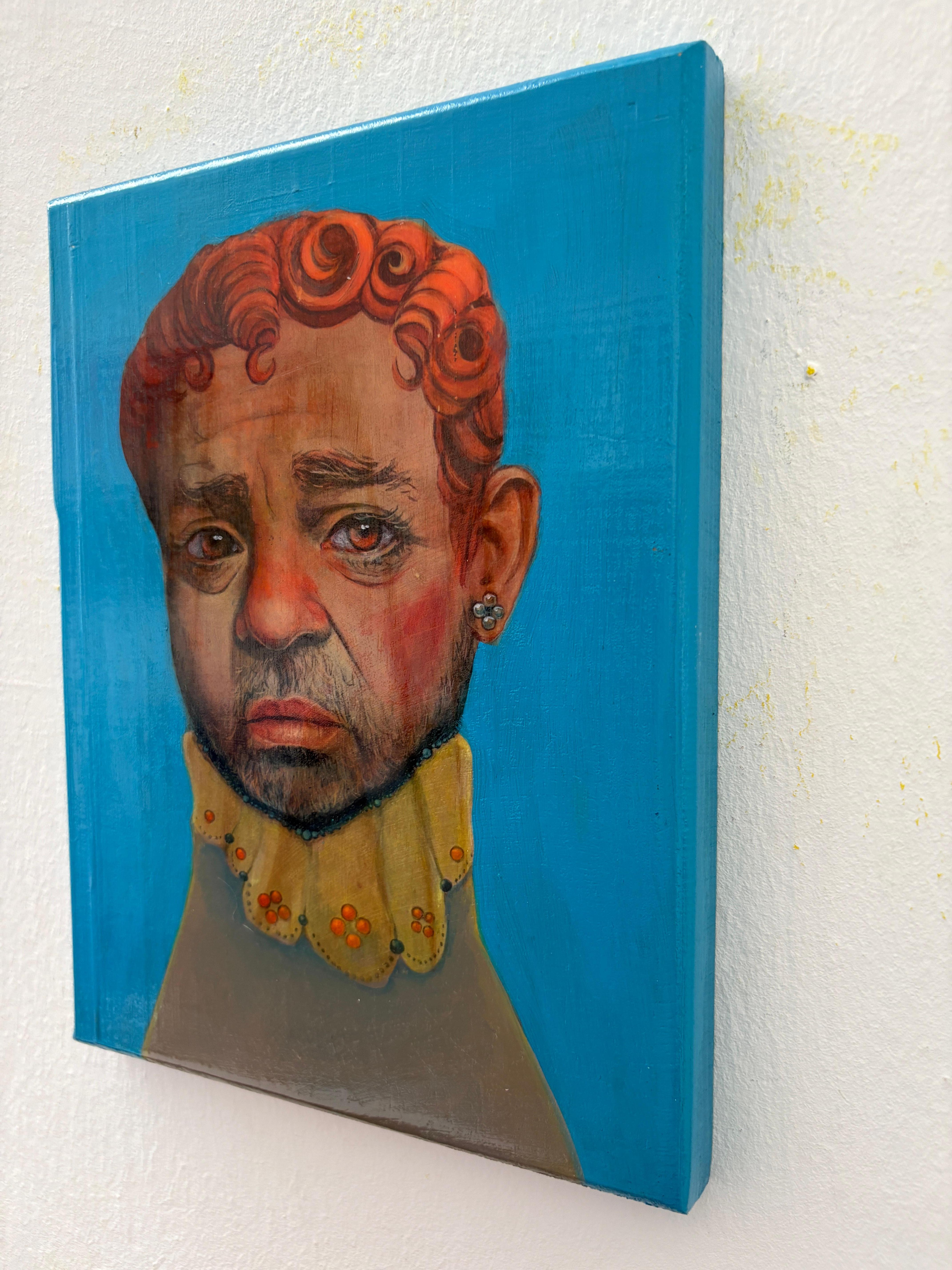 Mixed Media Portrait figuratif contemporain sur panneau de bois 