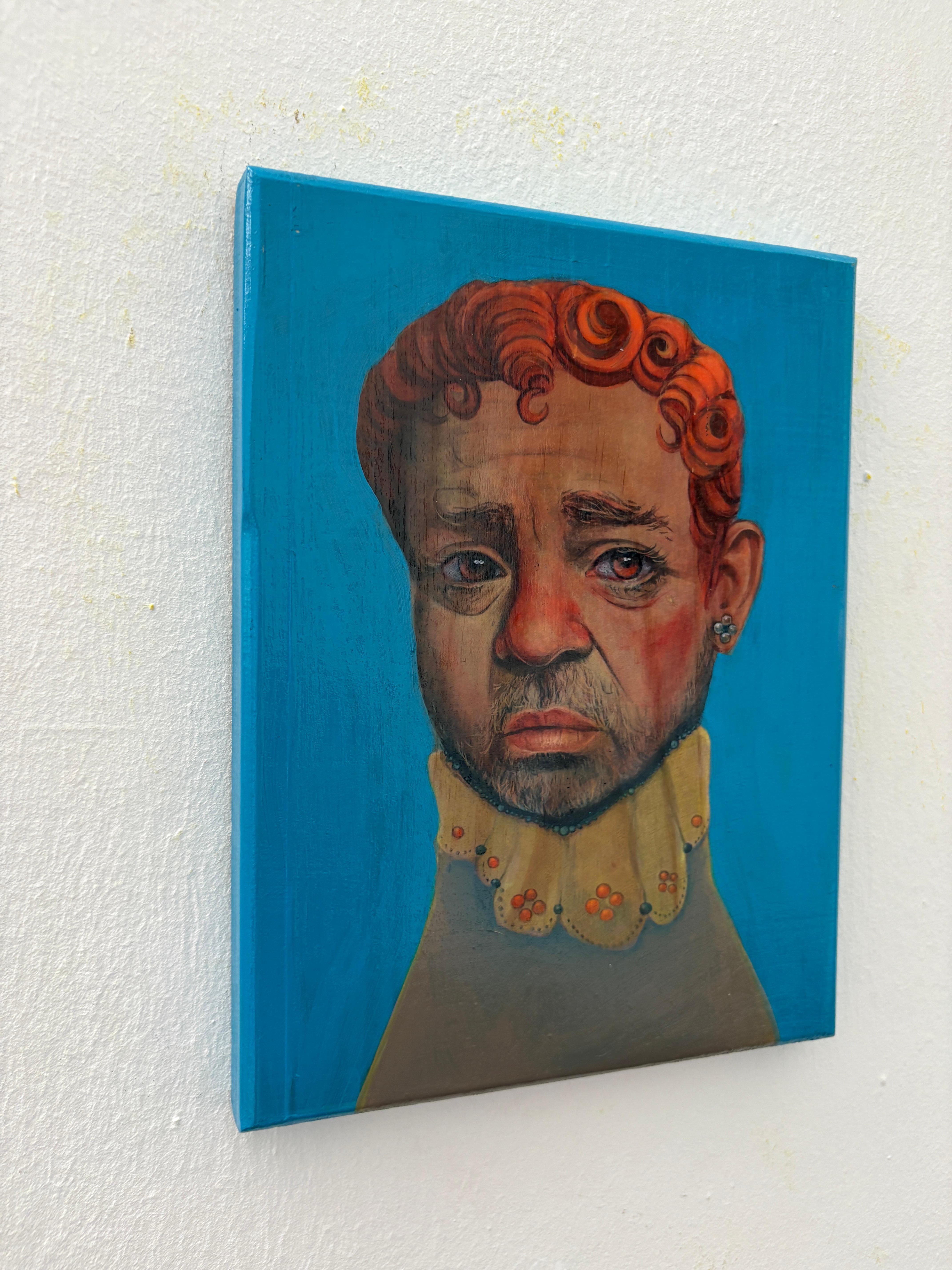 Mixed Media Portrait figuratif contemporain sur panneau de bois 