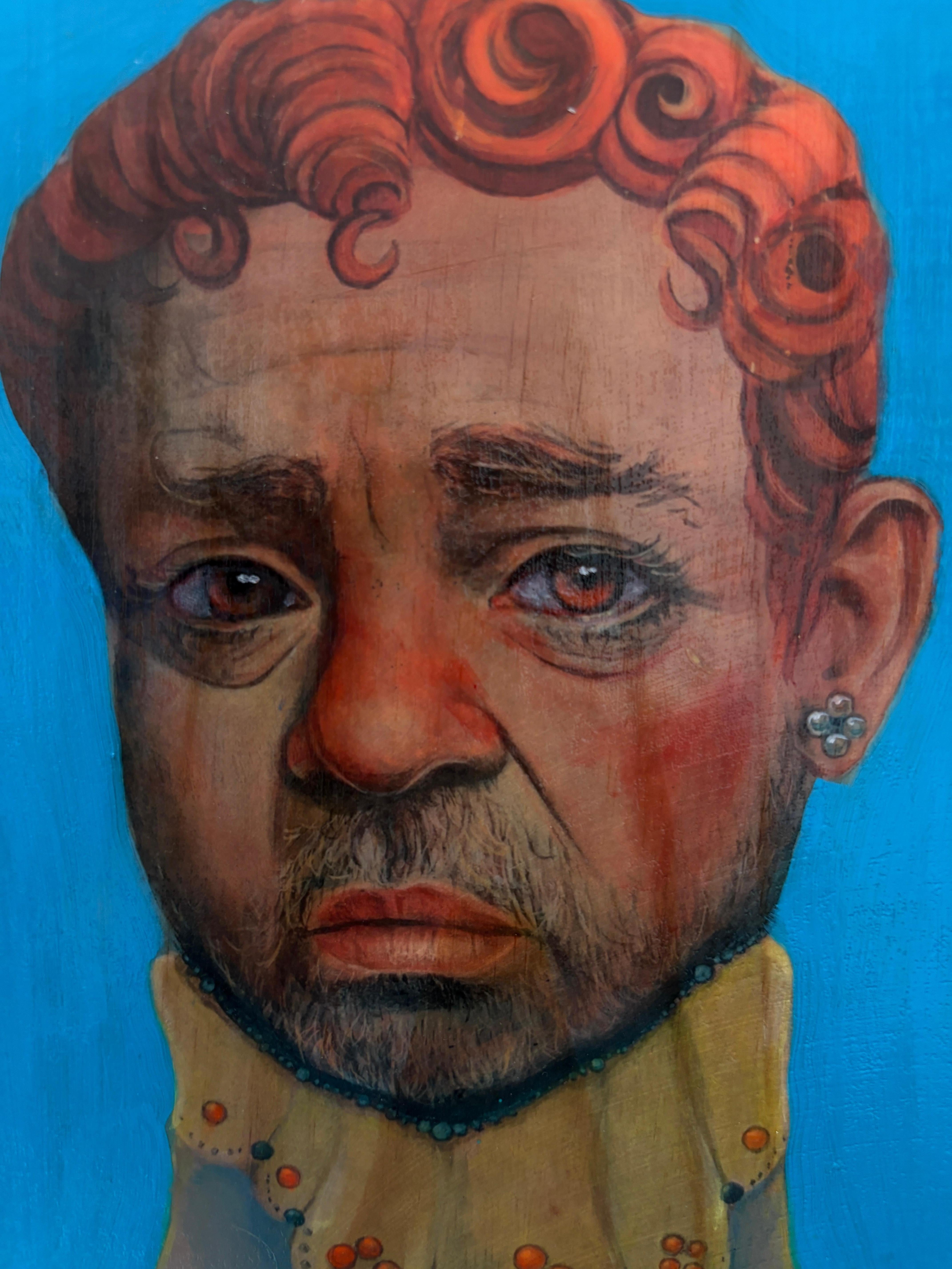 Mixed Media Portrait figuratif contemporain sur panneau de bois 