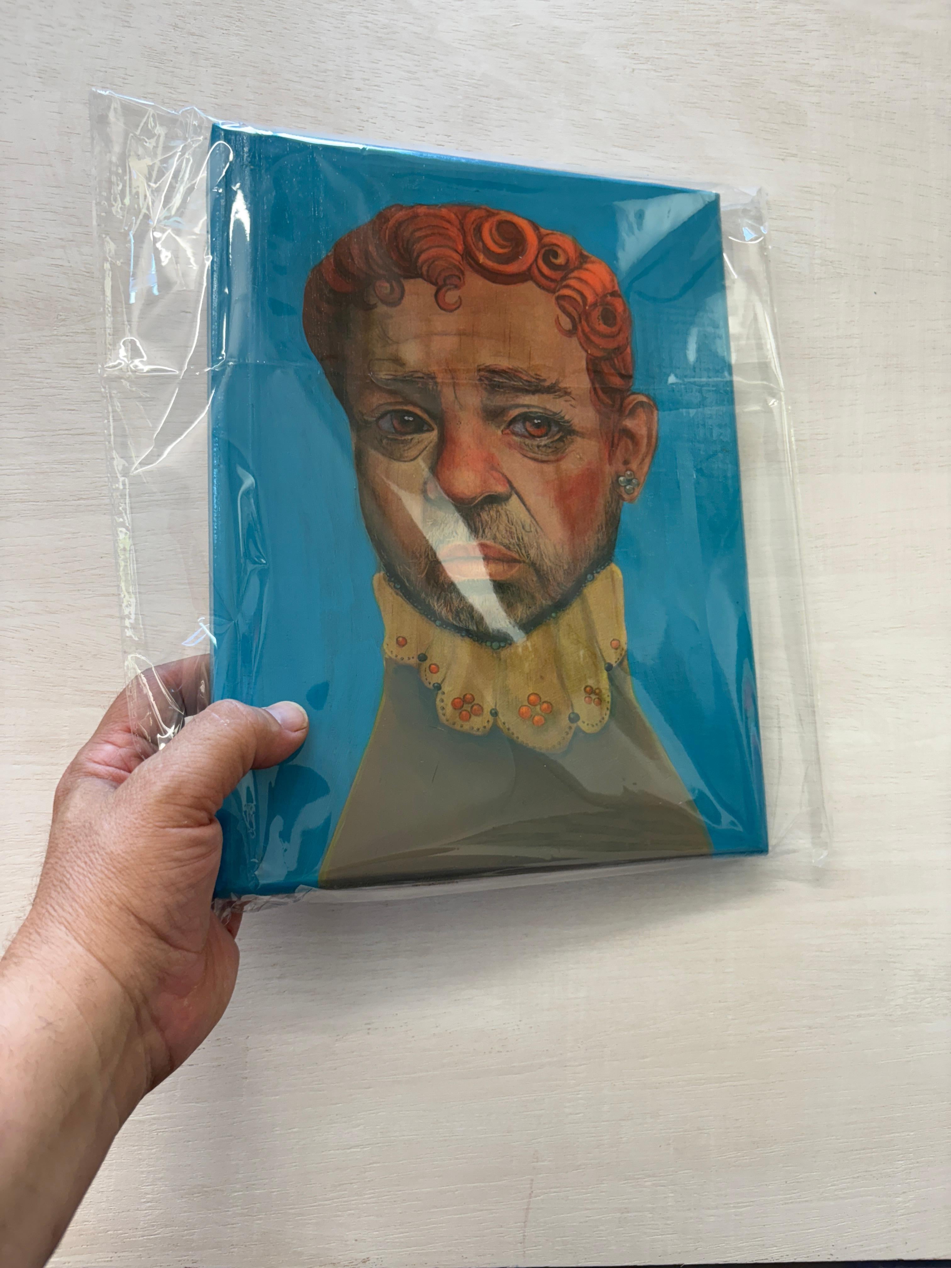 Mixed Media Portrait figuratif contemporain sur panneau de bois 