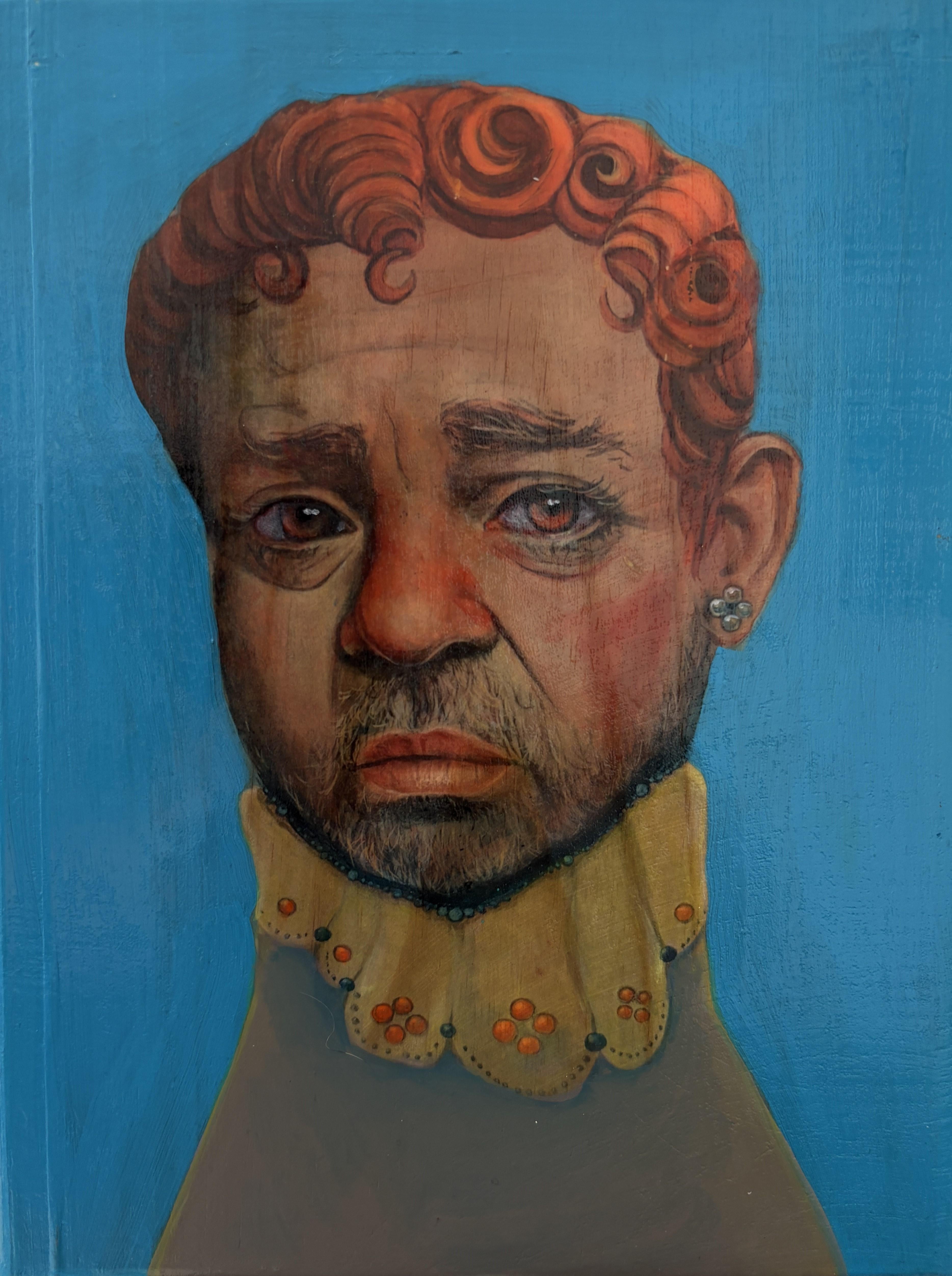 Mixed Media Portrait figuratif contemporain sur panneau de bois "Mr. Bucles 15/20" - Mixed Media Art de Natasha Lelenco