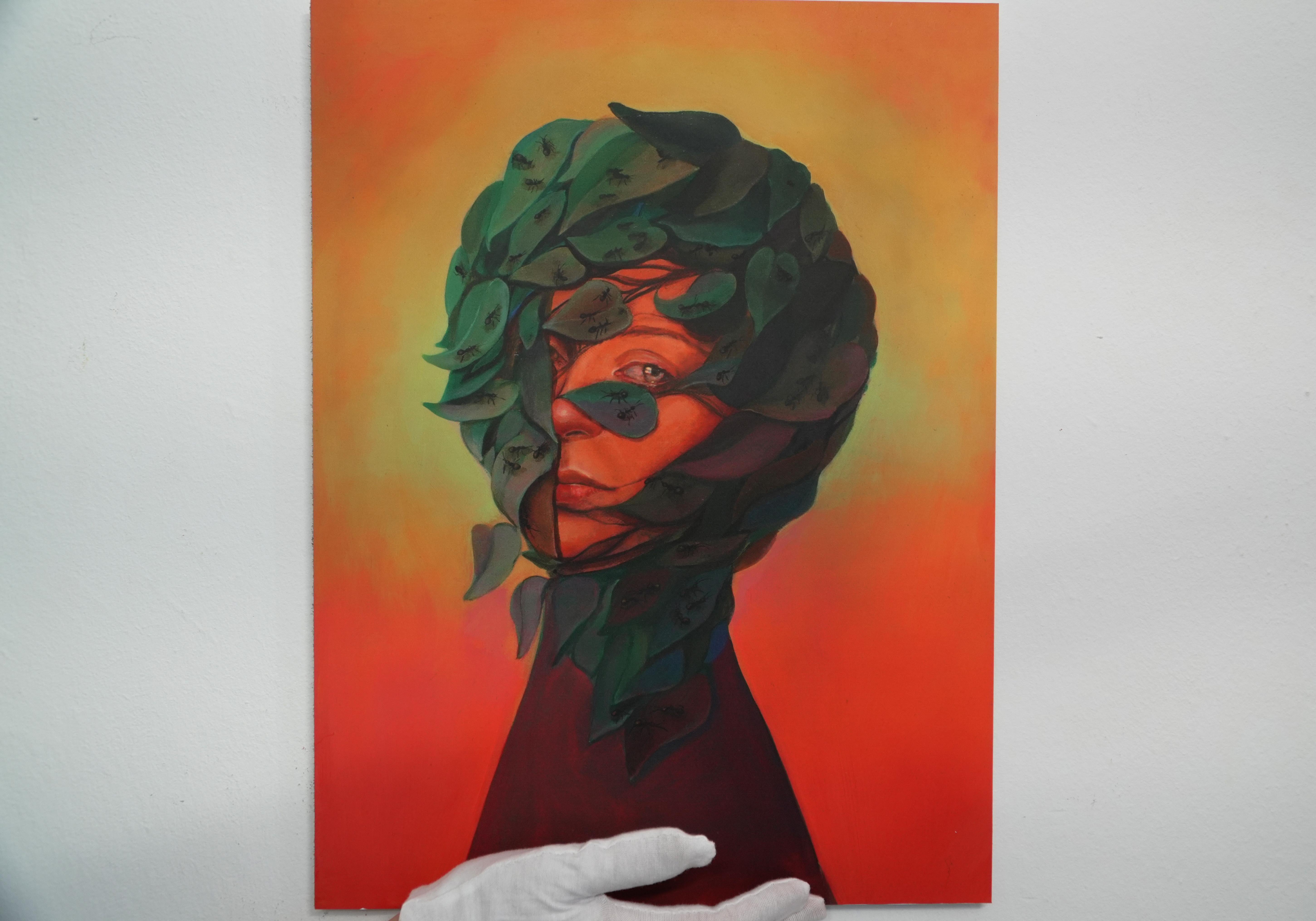 Retrato Inspirado en la Naturaleza con Velo de Hoja y Detalles de Hormiga. Edición limitada 24/25 en venta 2