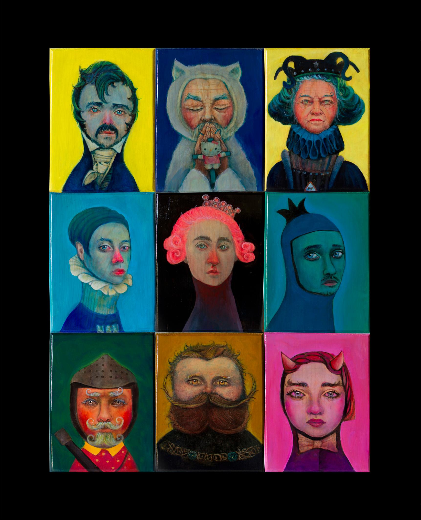 Official Poet 12/20 - Technique mixte sur Wood Wood, portrait figuratif satirique en vente 5