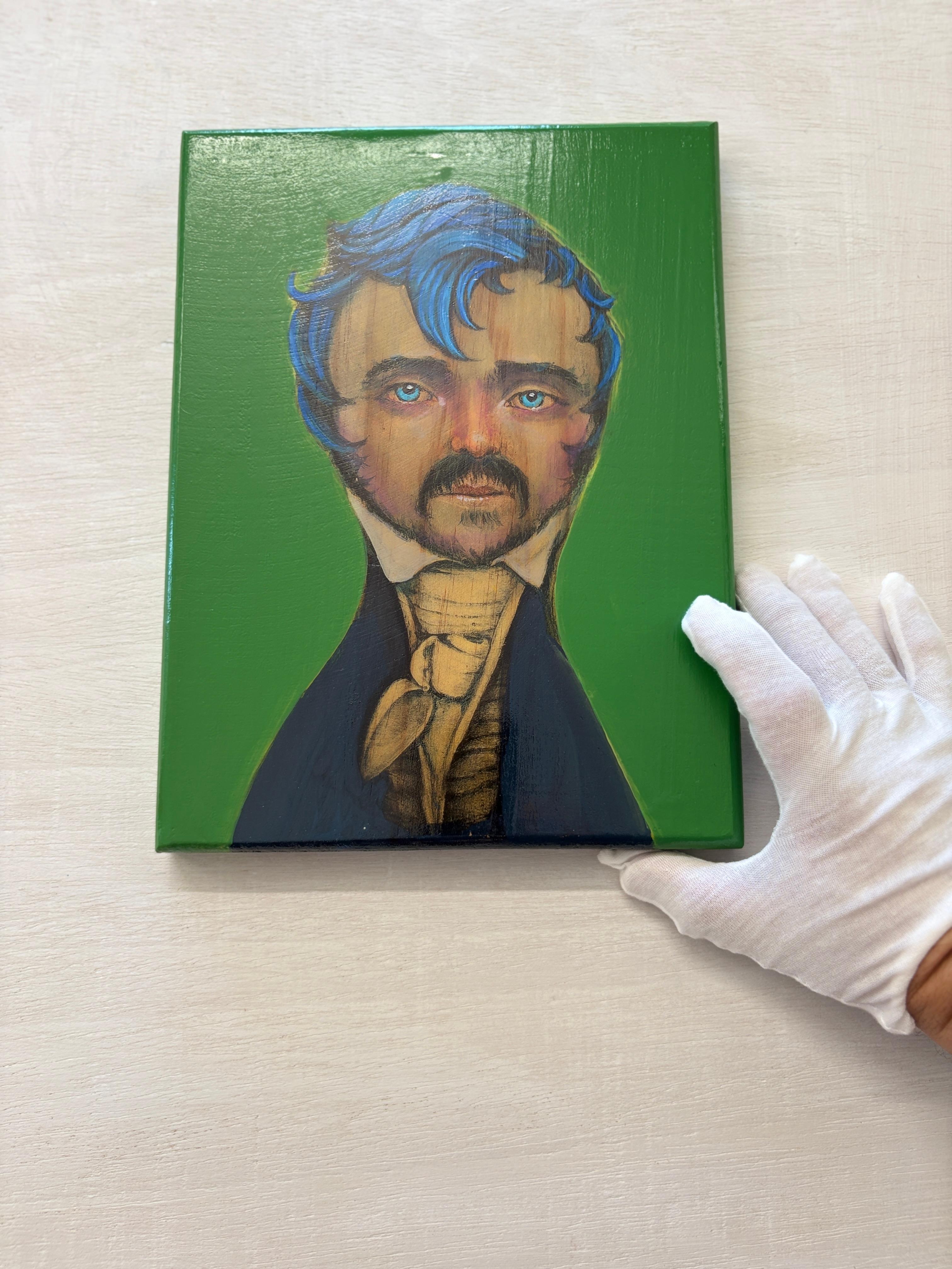Official Poet 12/20 - Technique mixte sur Wood Wood, portrait figuratif satirique - Pop Art Mixed Media Art par Natasha Lelenco