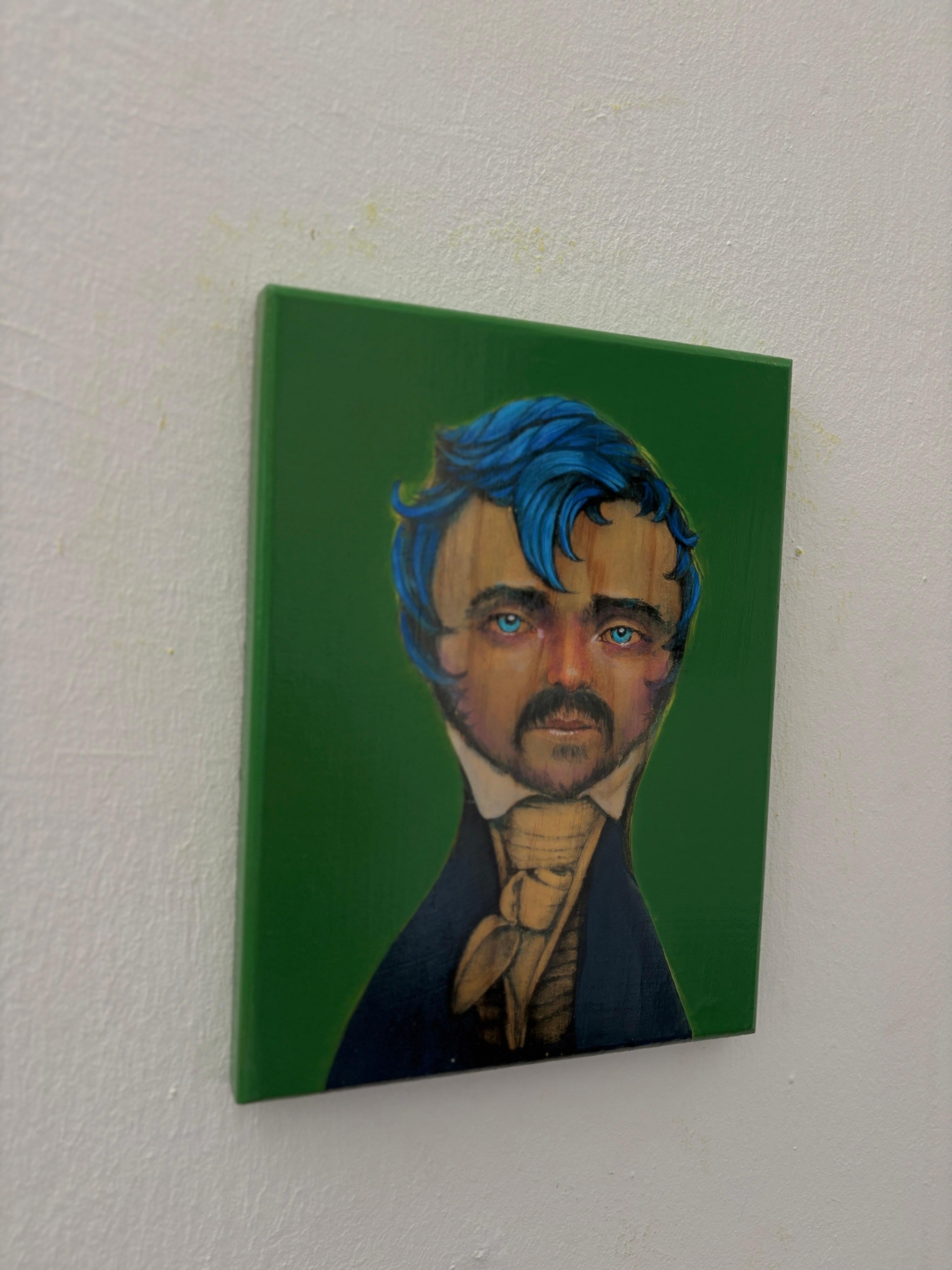 Official Poet 12/20 - Technique mixte sur Wood Wood, portrait figuratif satirique en vente 1