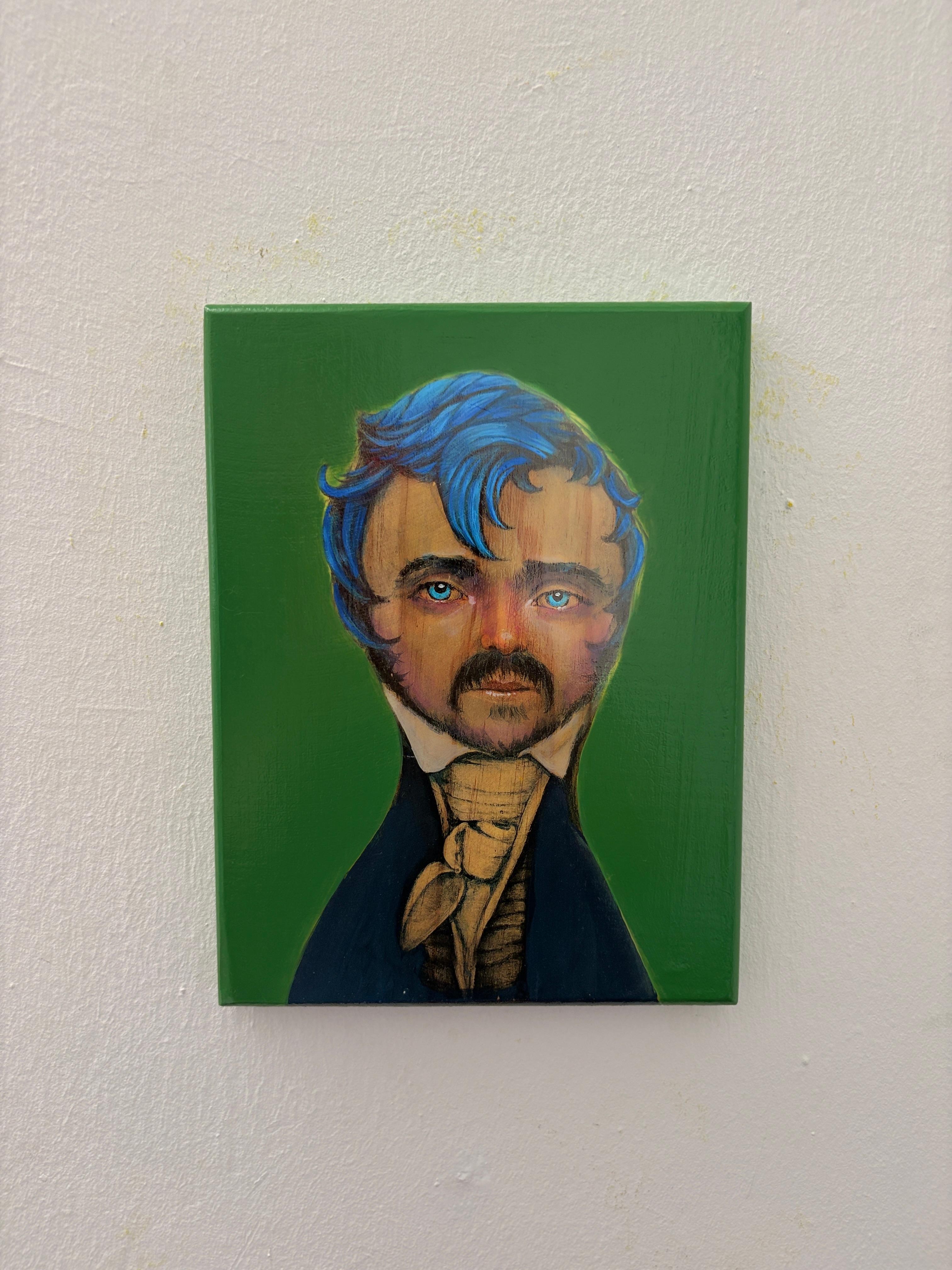 Official Poet 12/20 - Technique mixte sur Wood Wood, portrait figuratif satirique en vente 3