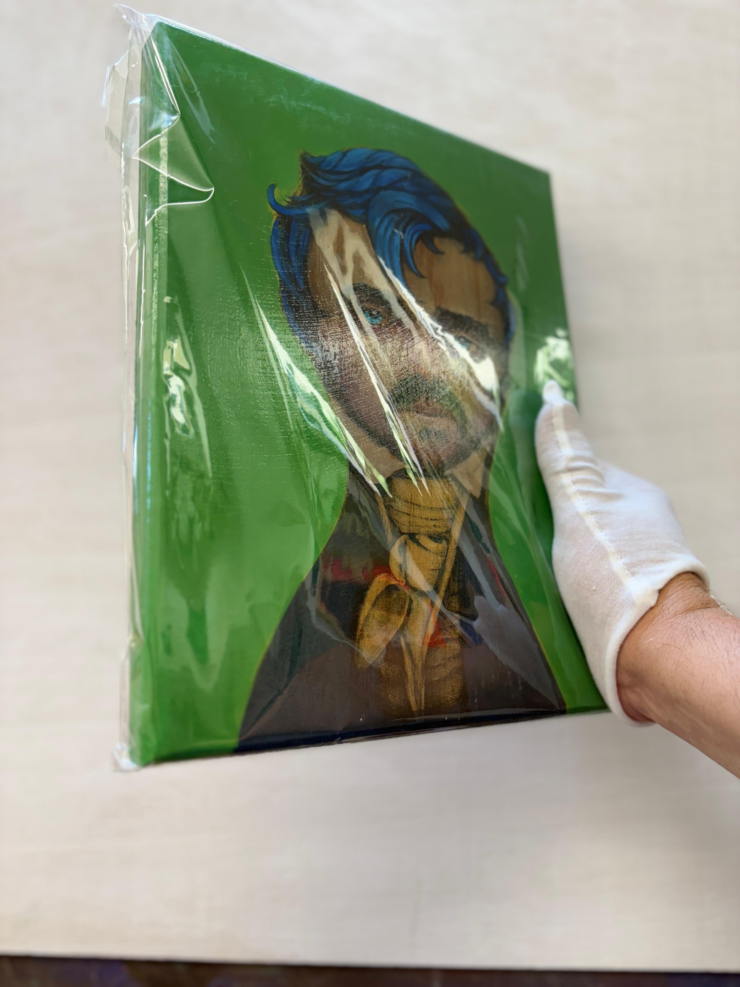 Official Poet 12/20 - Technique mixte sur Wood Wood, portrait figuratif satirique en vente 4