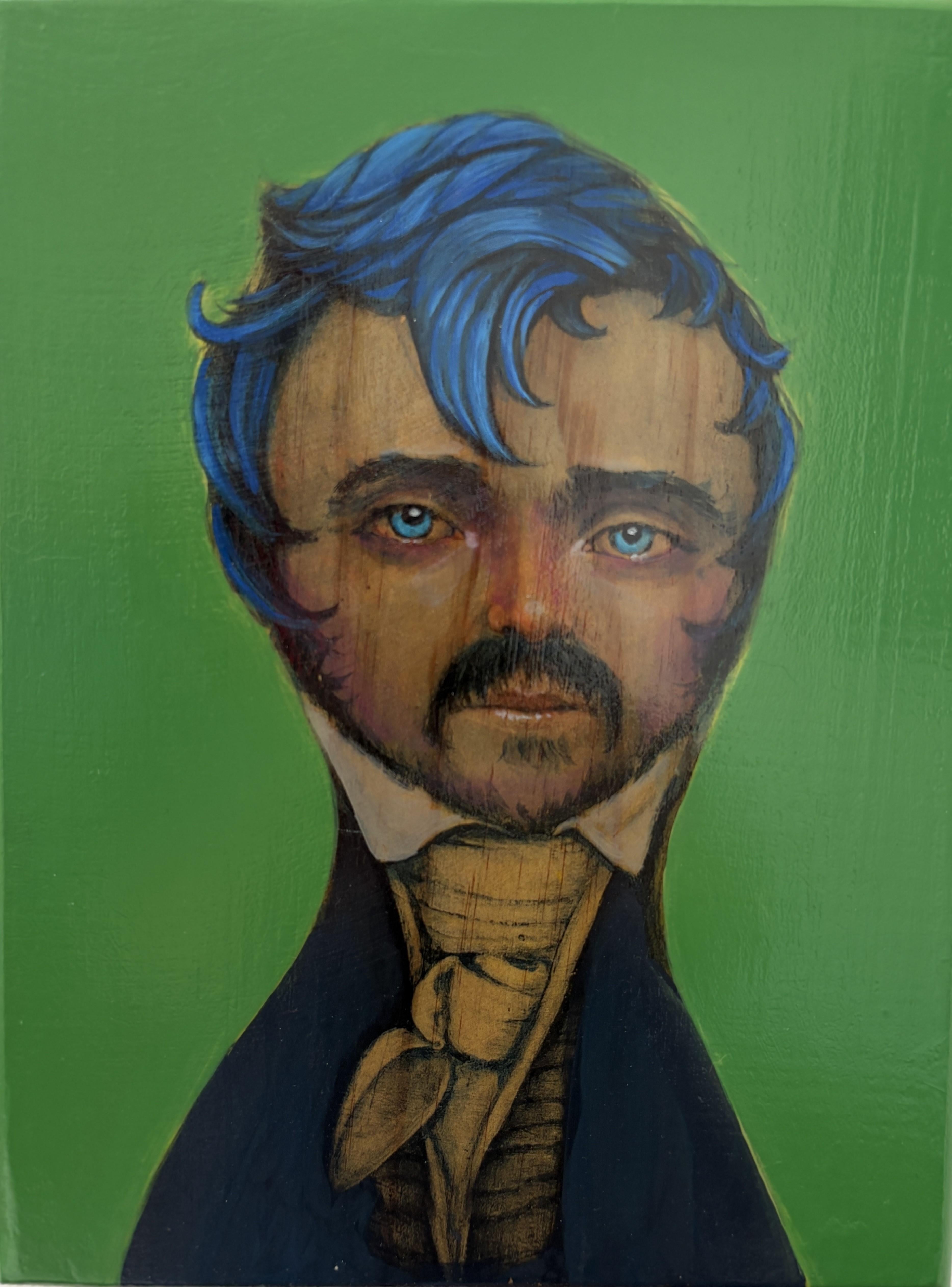 Official Poet 12/20 - Technique mixte sur Wood Wood, portrait figuratif satirique