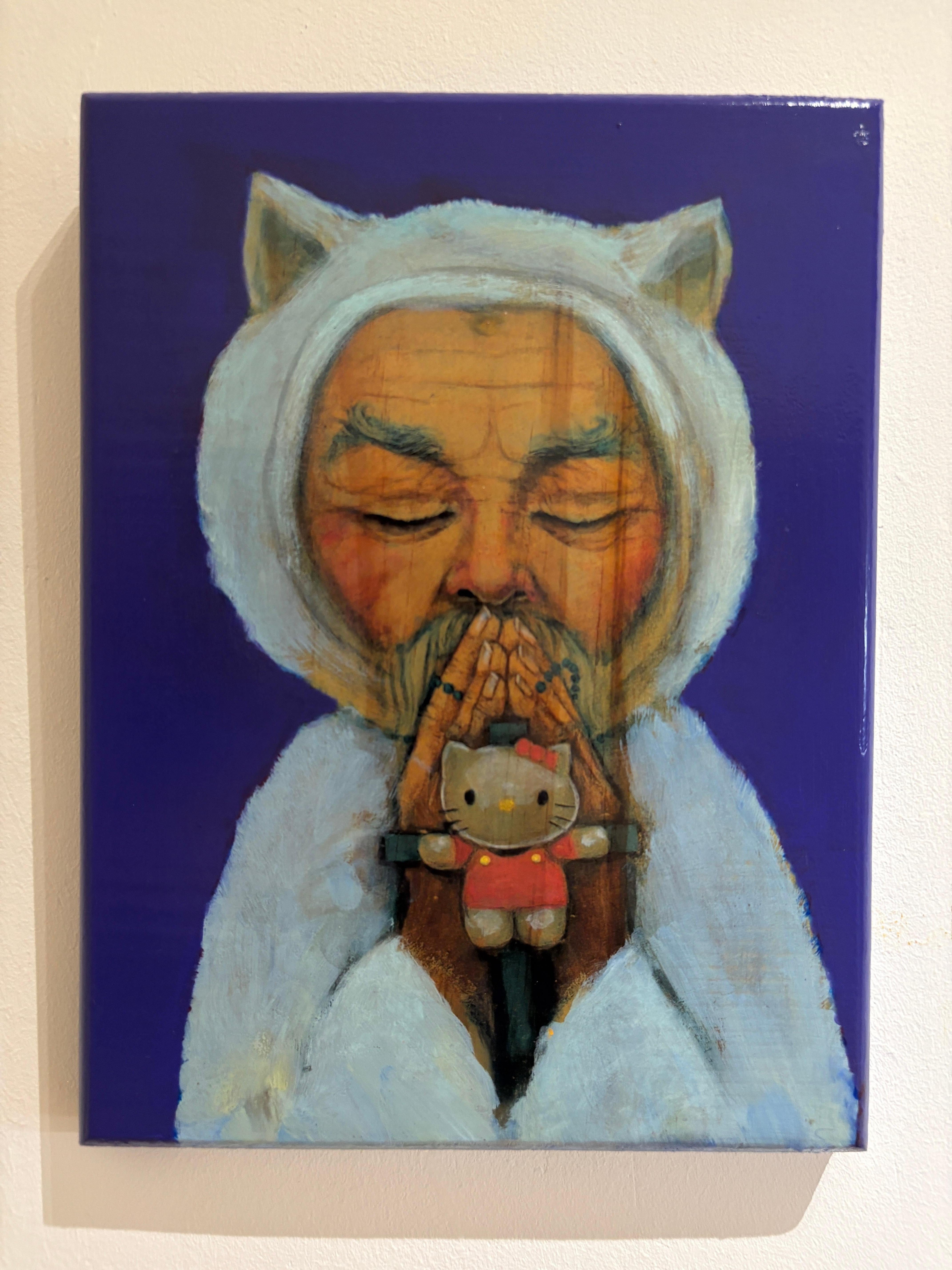 Prêtre avec Hello Kitty Idol Mixed Media Limited Edition Pop Surrealism on Wood - Pop Art Mixed Media Art par Natasha Lelenco