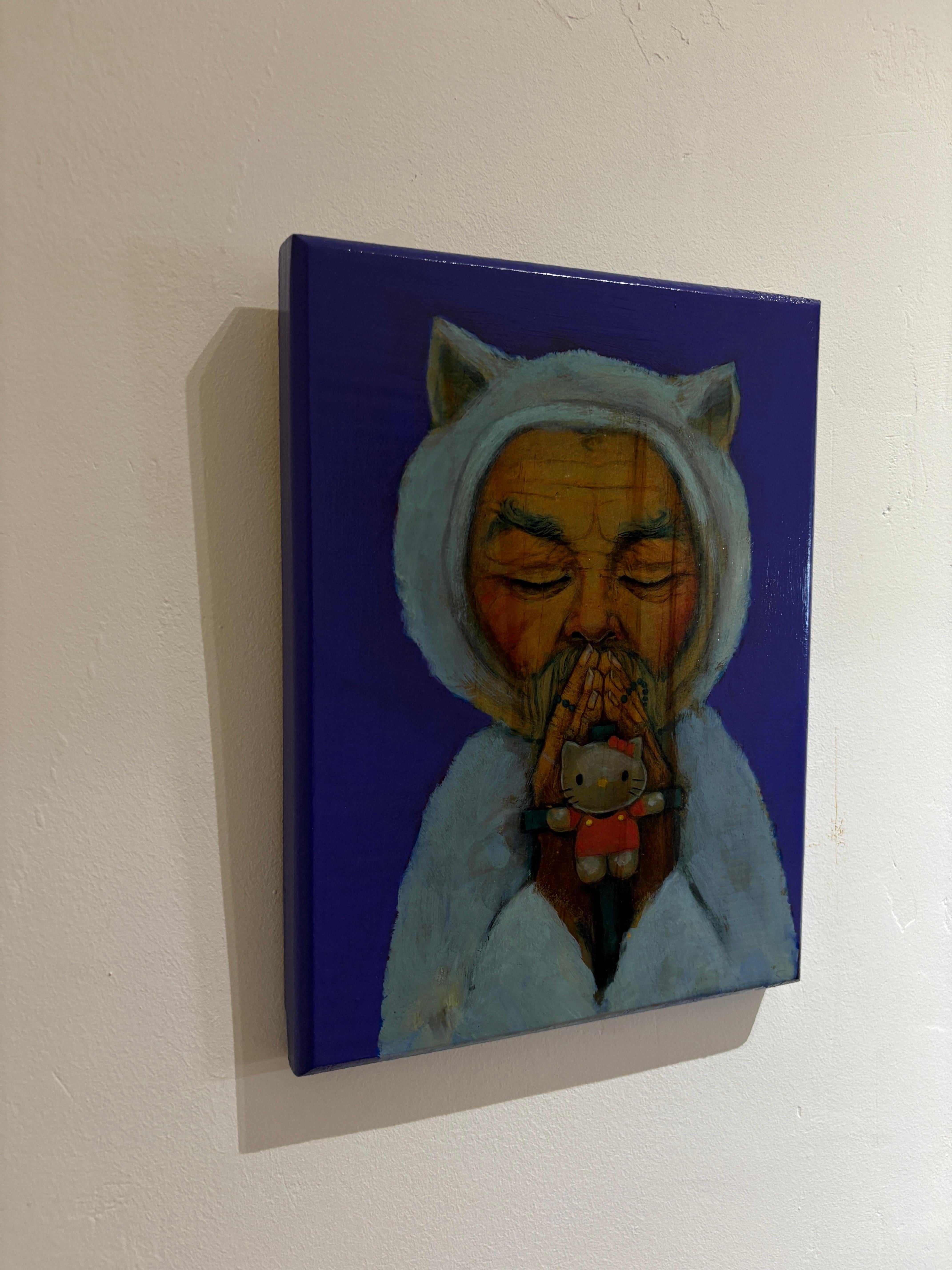 Ce portrait en édition limitée de Natasha Lelenco, intitulé Priest with Hello Kitty Idol, est le numéro 5 sur 20 de sa série en cours The Important Bigwigs. Créée grâce à un procédé mêlant transfert numérique et peinture acrylique à la main sur un