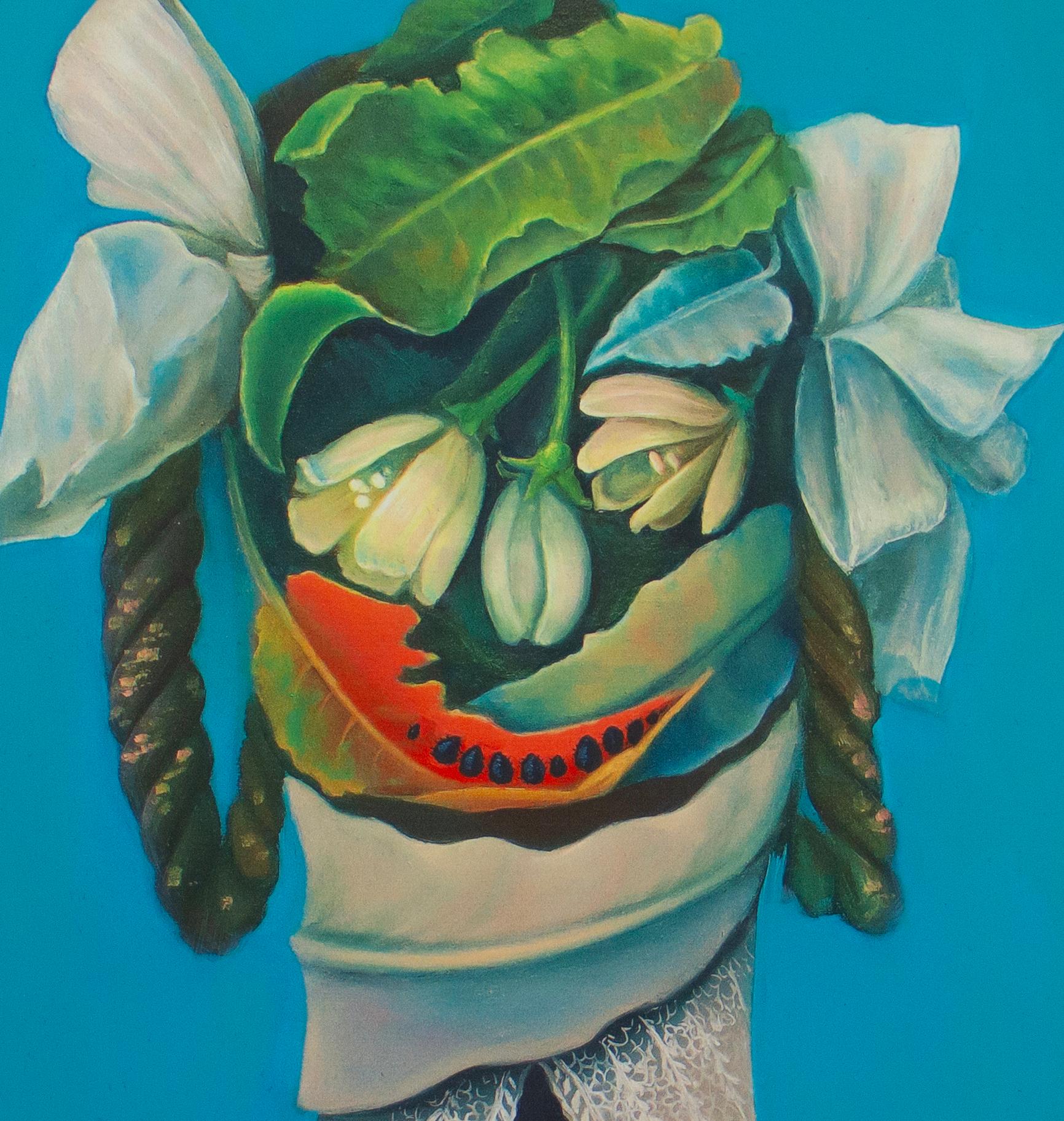Surreal Botanical Female Portrait – Limited Edition Dibond Print Number 24/25 - Blue Portrait Print by Natasha Lelenco