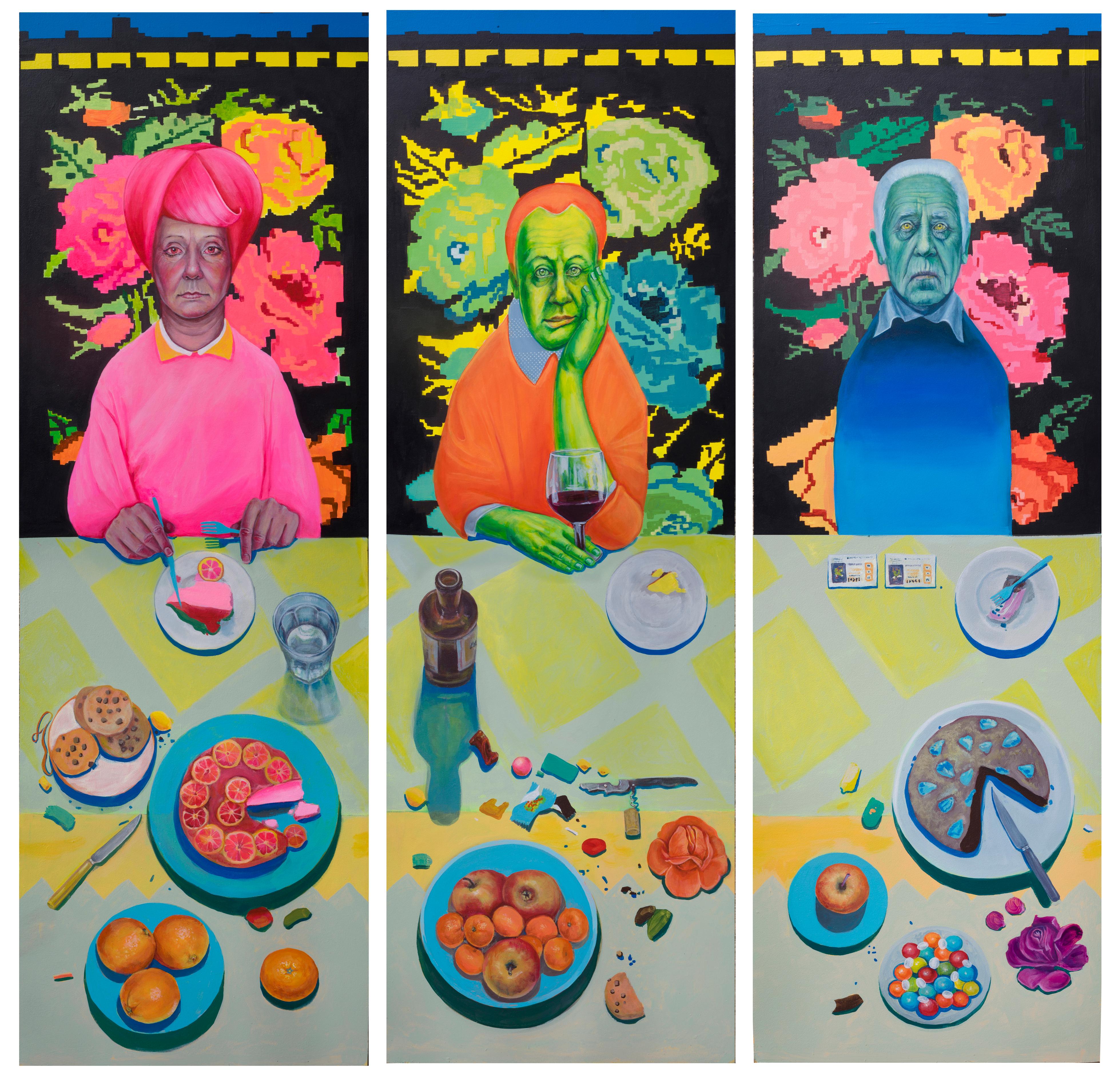 Triptych Edition 4/25. Contemporary Portraits With Moldovan Carpet Floral Motifs