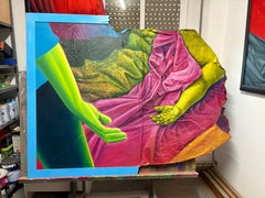 Grande figure fragmentée en Mixed-Media avec draperie sur papier, toile et panneau de bois