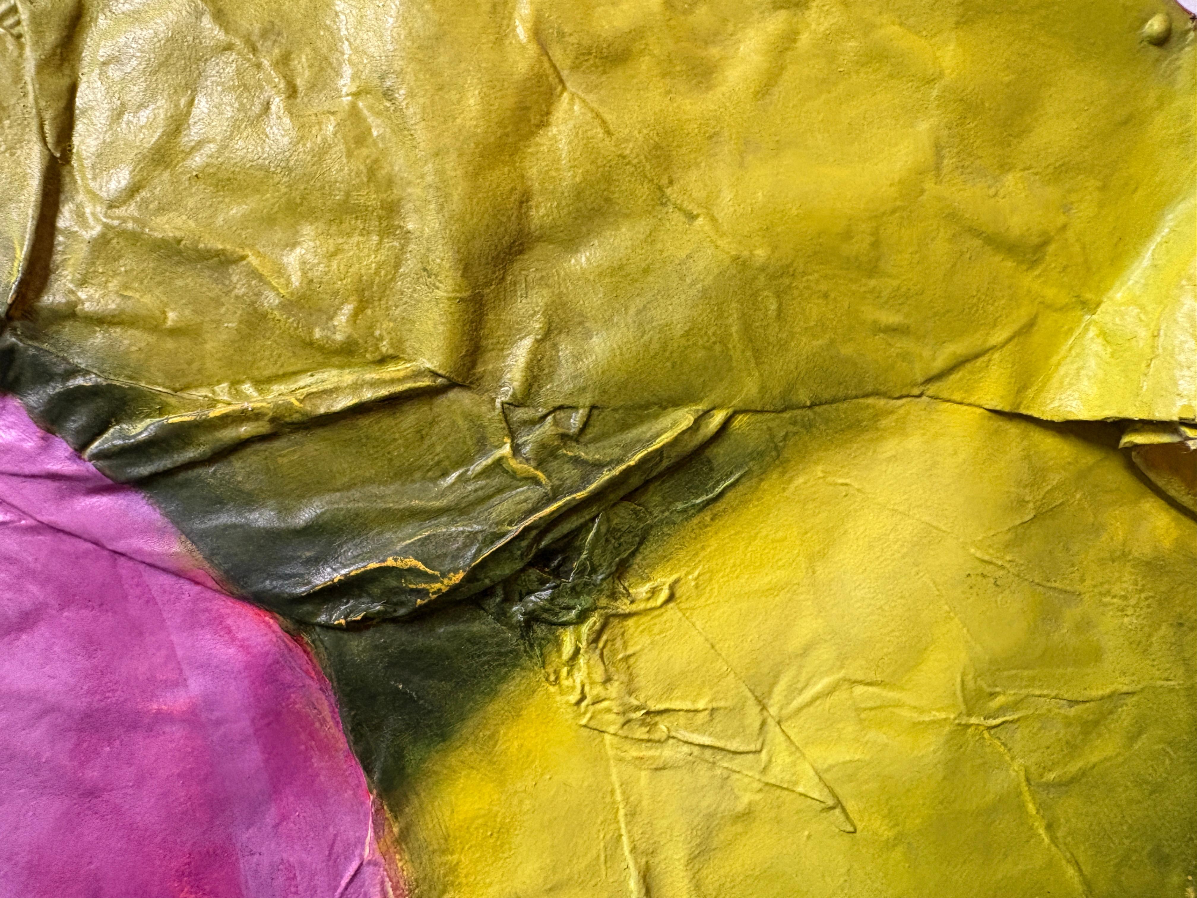 This large mixed-media work on paper, canvas and wood belongs to the artist’s ongoing Fragments series, where ruptured framing and material expansion become central to the act of representation. Measuring 170 × 135 × 5 cm, the piece stages two