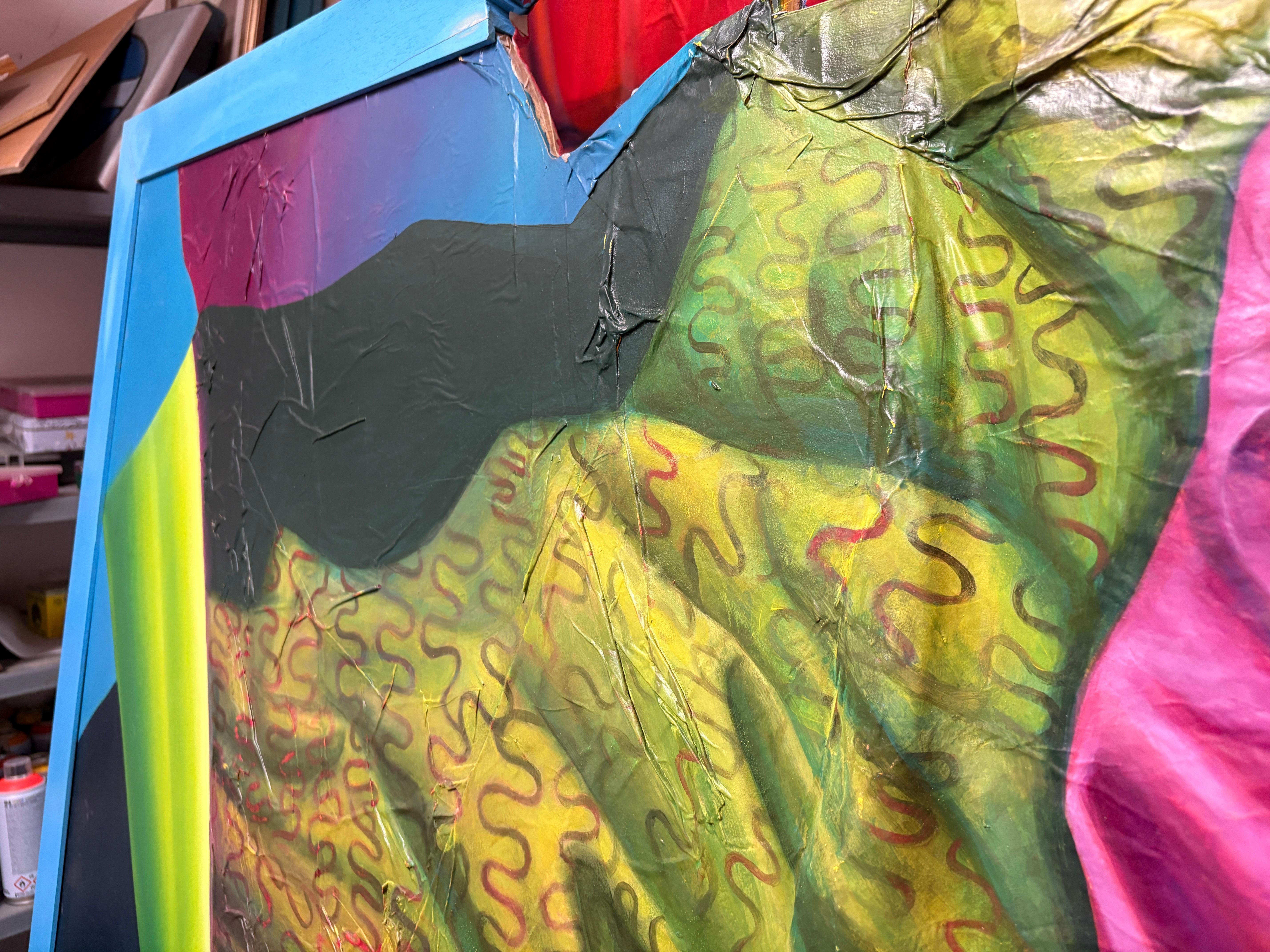 Large Mixed-Media Fragmented Figure With Drapery on Paper Canvas and Wood Panel For Sale 1