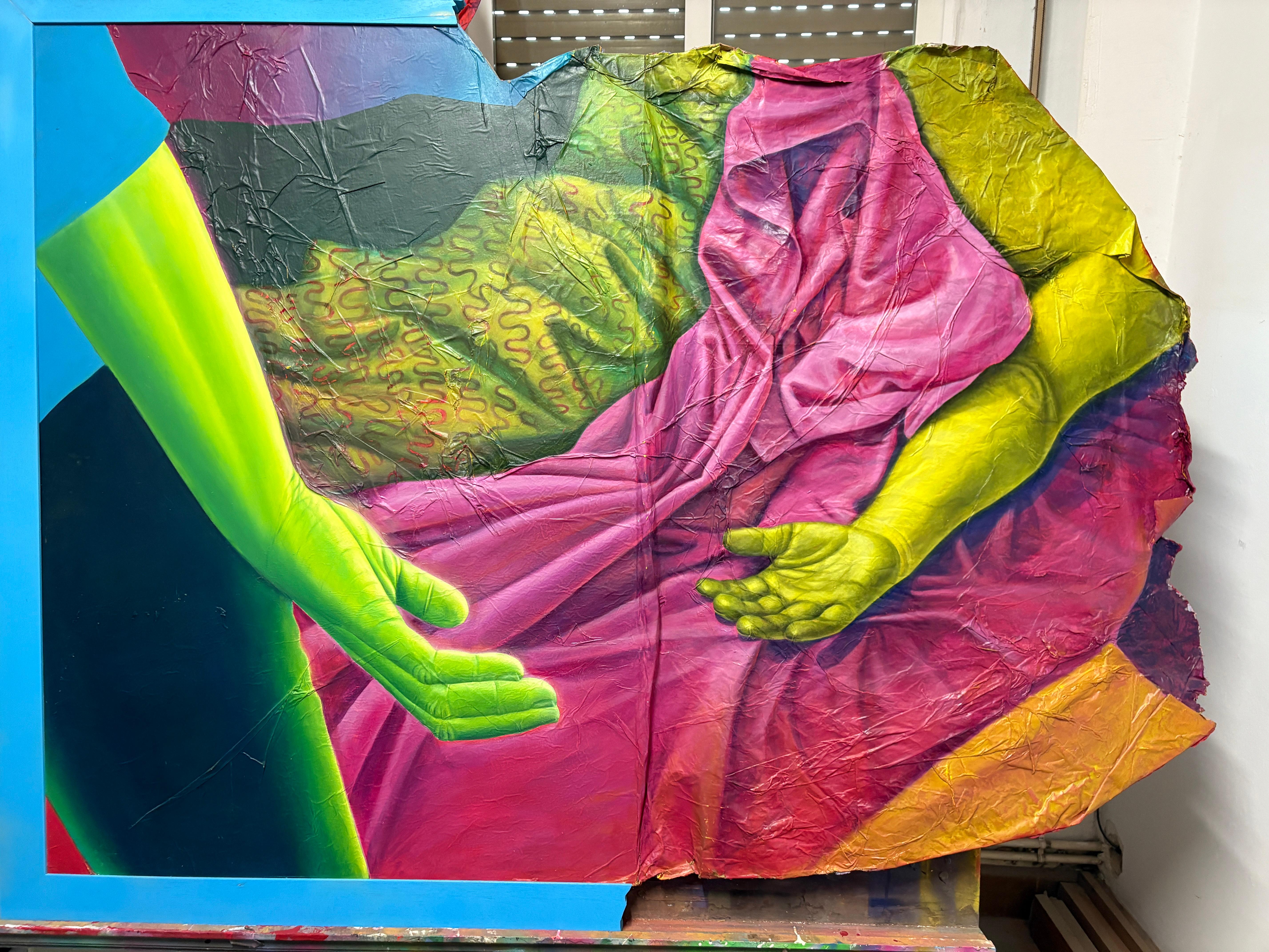 Large Mixed-Media Fragmented Figure With Drapery on Paper Canvas and Wood Panel For Sale 2