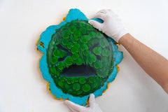 Green Botanical Face Wall Sculpture in Painted Reclaimed Cork Oak Wood