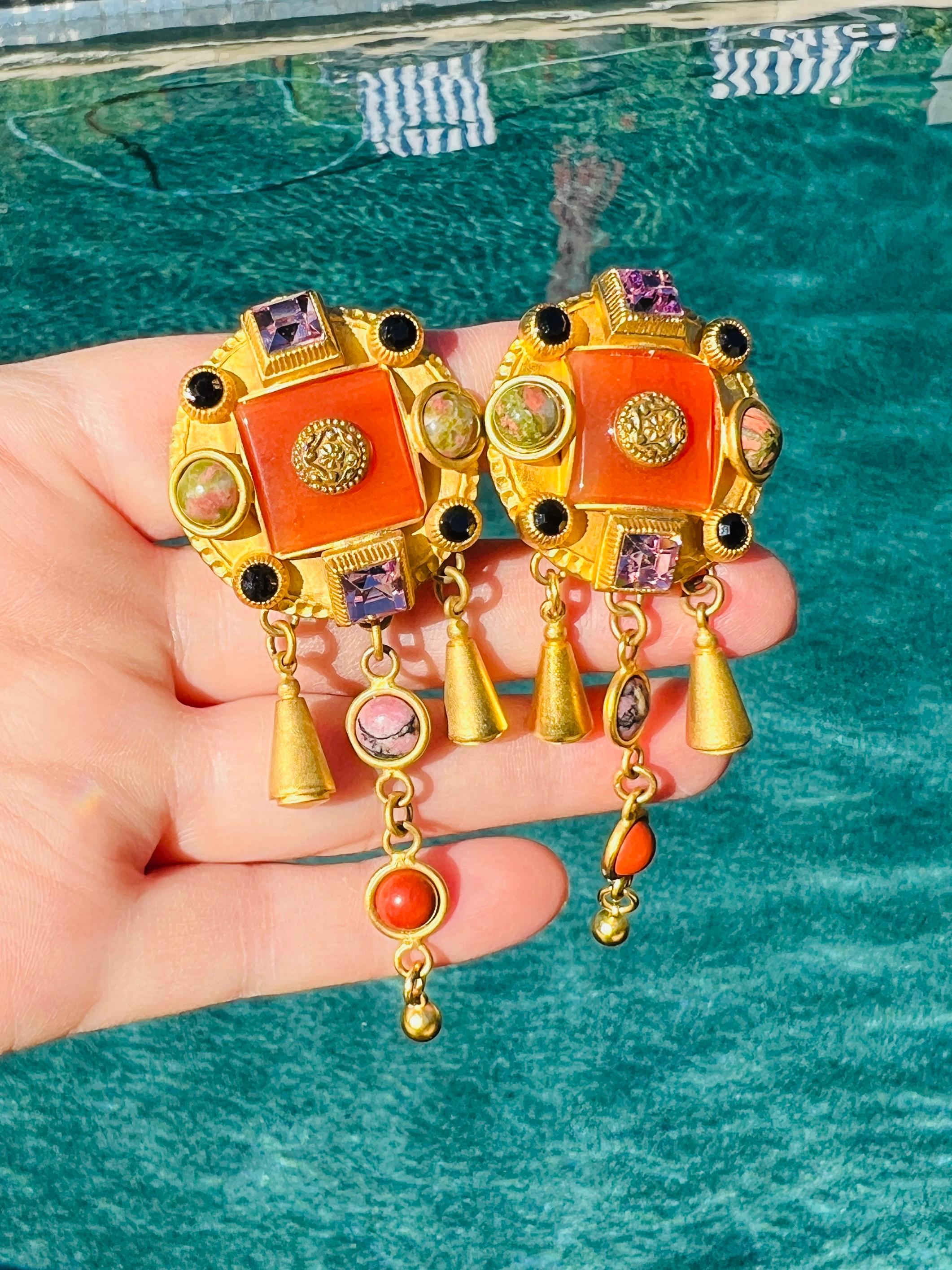 Natasha Stambouli 24K GP Agate Jasper Chalcedony Long Dangle Cabochon Earrings In Good Condition In Sausalito, CA