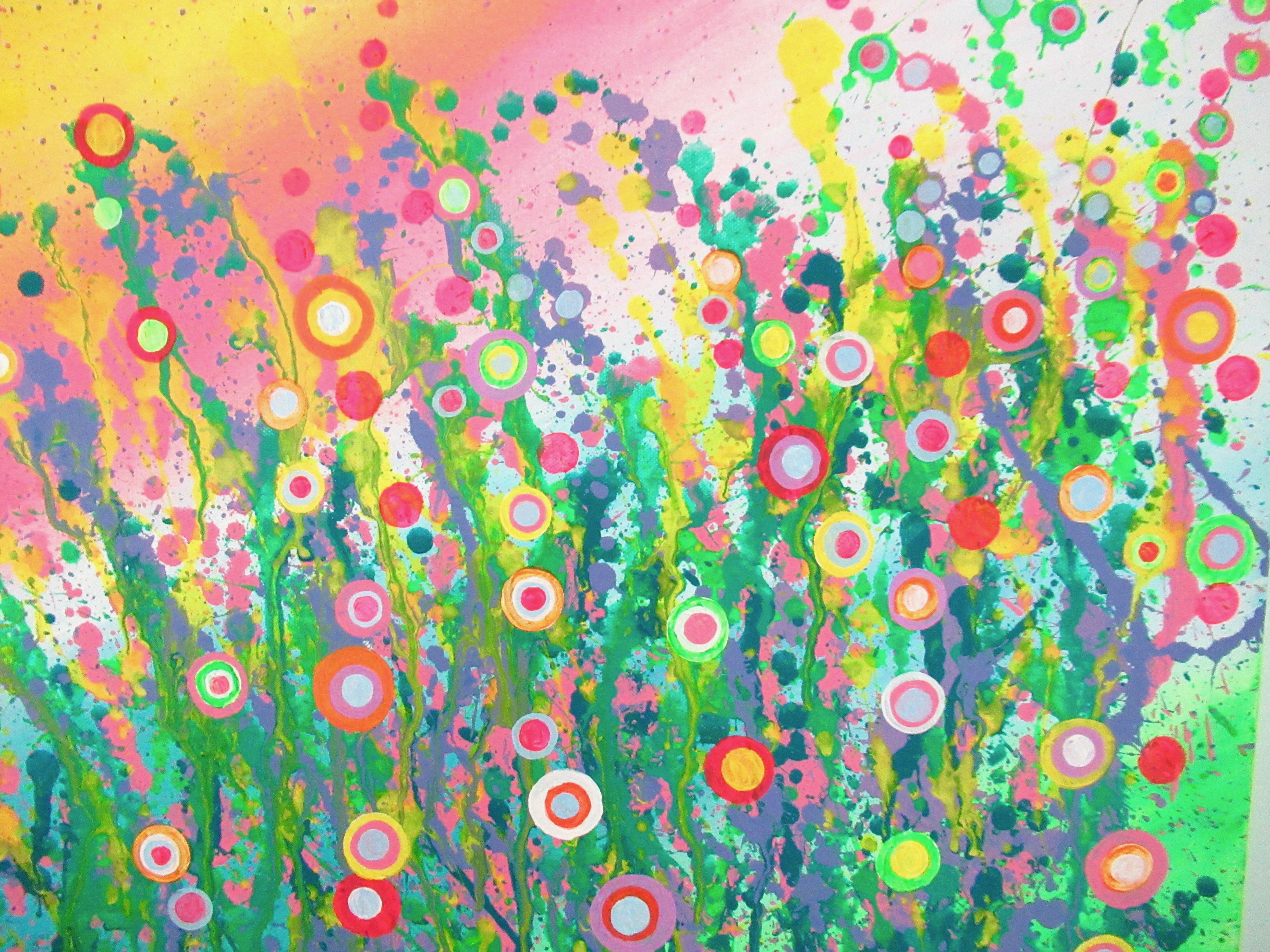 <p>Kommentare des Künstlers<br />Teil von Natashas Signaturkreis-Serie. Lockere, geometrische Abstraktion der untergehenden Sonne auf einem Blumenfeld. Warmes Gelb, Rosa, Lila und Grüntöne vereinen sich in dieser gestischen Blumenszene. Die