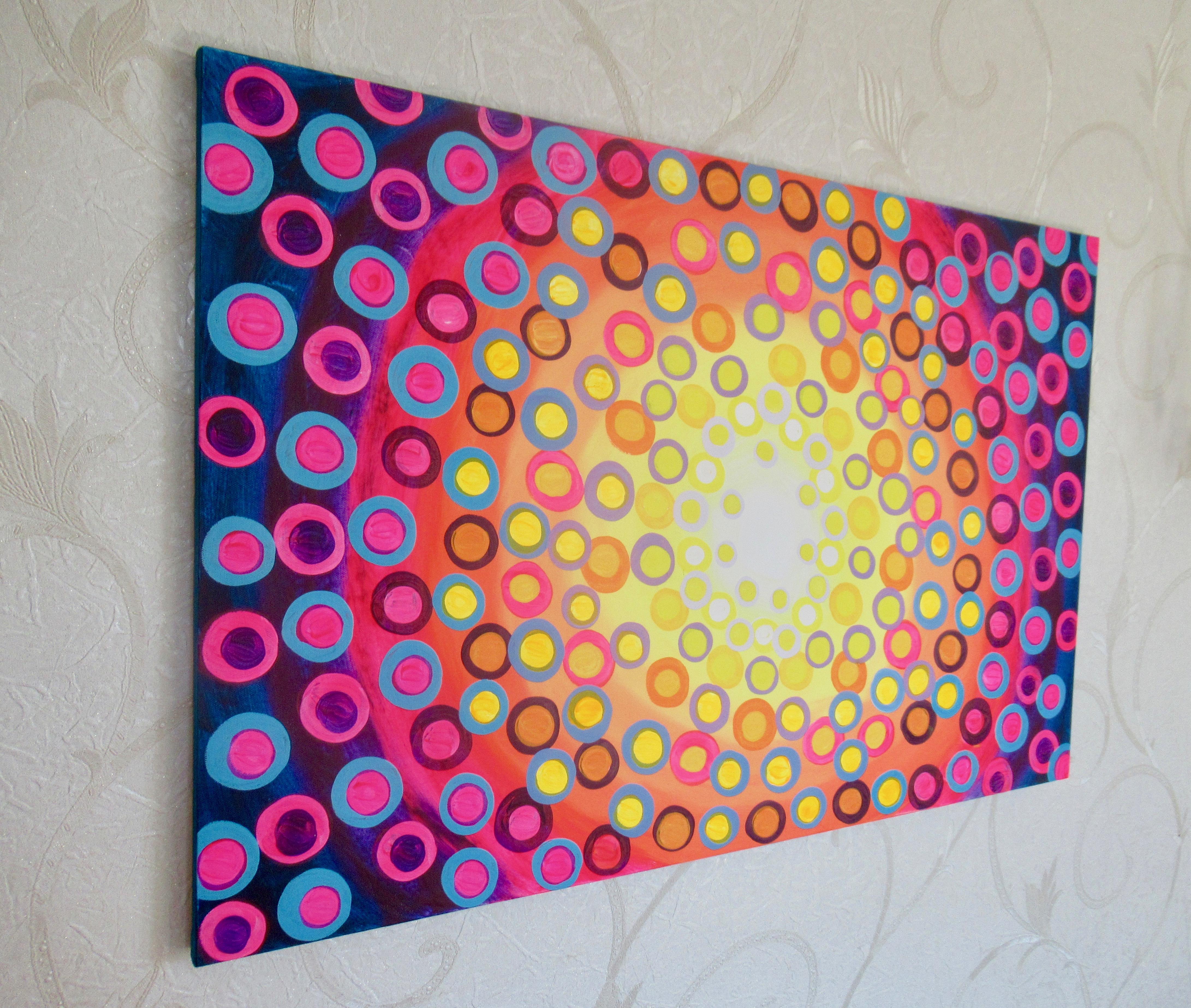 <p>Artist Comments<br />A burst of vibrant colors emerges from the brightly glowing sun. Part of artist Natasha Tayles's signature Circles series. Lively shades of pinks, orange, and blues radiate life and a fun-loving spirit.</p><br /><p>About the