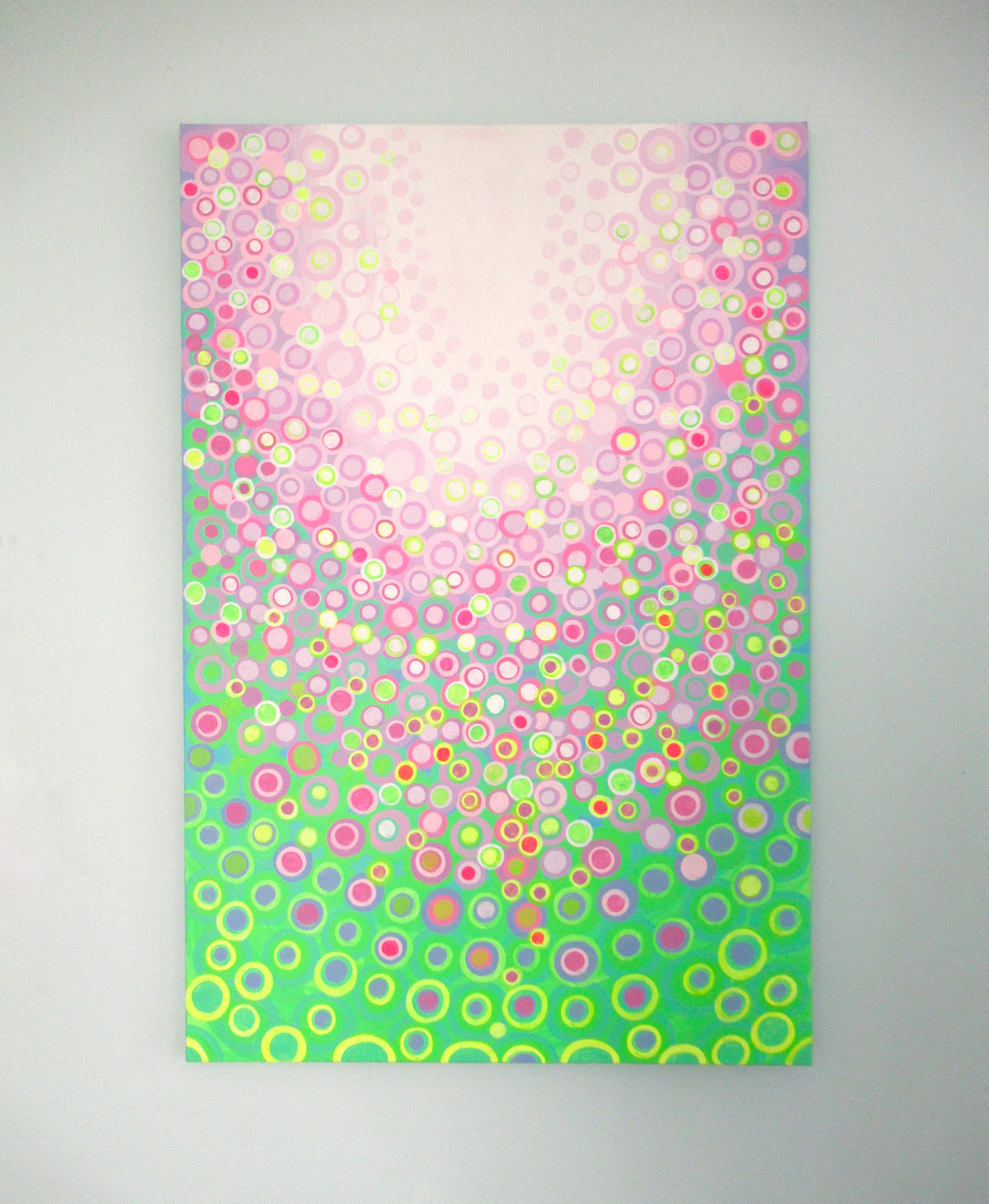 <p>Artist Comments<br>Part of Natasha's signature circles series. Loose, geometric abstraction of land and sky. Suggestion of the sun shining on a field of flowers. Soft pinks highly contrasted with bright green. The gallery wrapped edges are