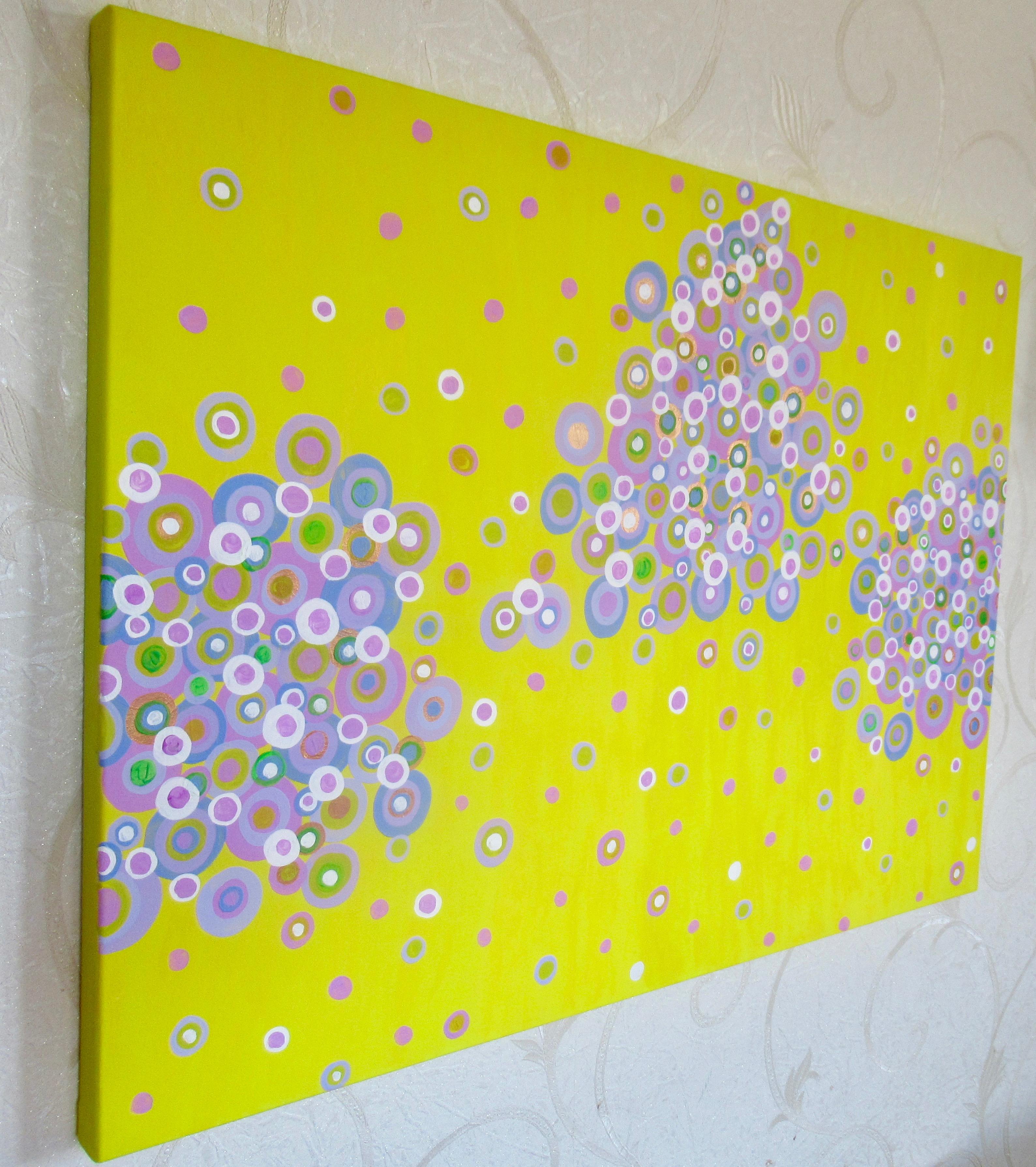 <p>Artist Comments<br />Three groups of purple hues sprout to the surface above a yellow background. Circles drift lively about the piece like petals blown gently by wind. This piece is part of artist Natasha Tayles's signature Circles