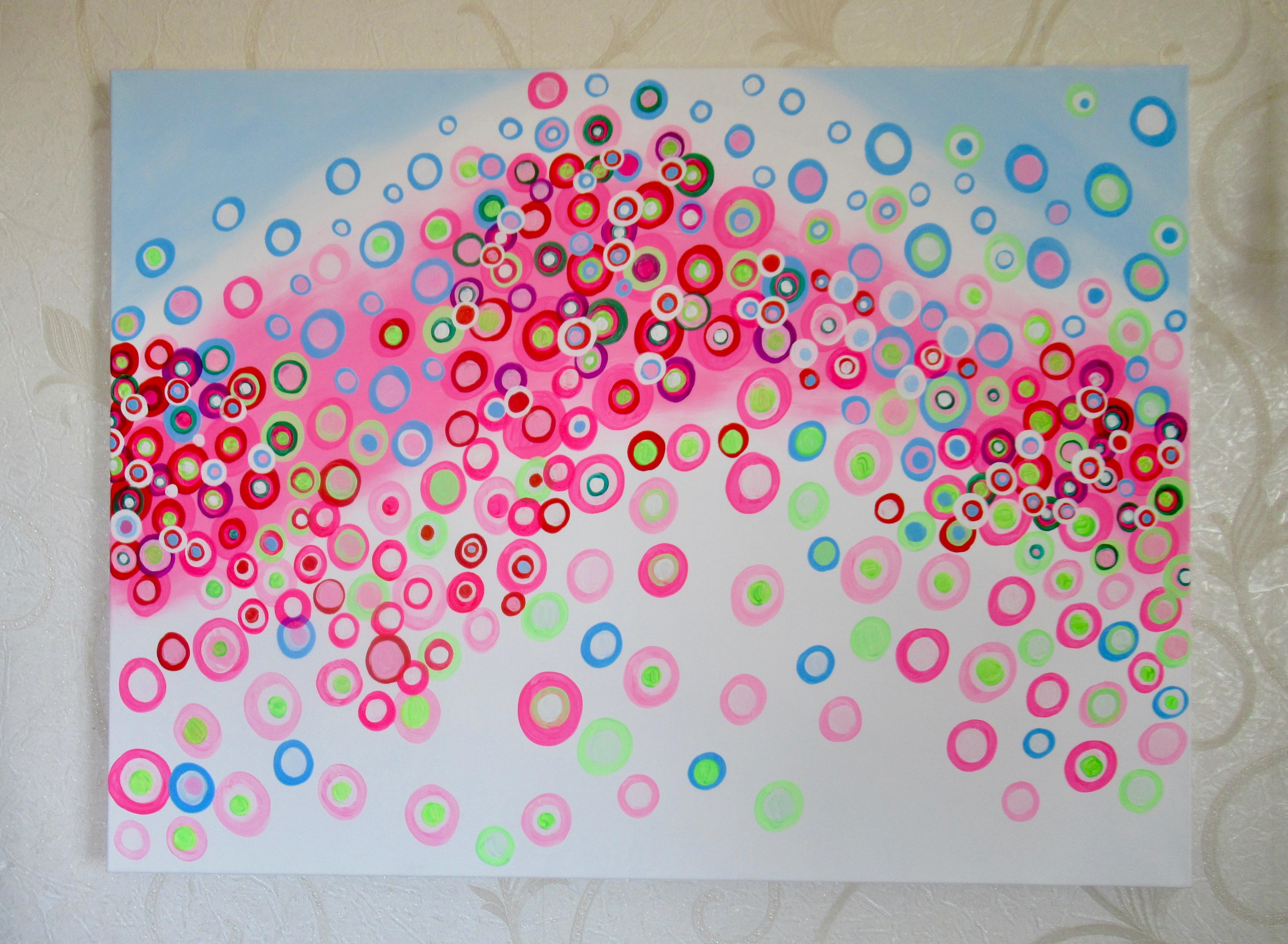 <p>Artist Comments<br />Pink and red circles roll in a wave. Reminiscent of rose petals gently floating in a fragrant bath. The piece exudes the calm and relaxed energy of spending time washing the day away, melting tension, and gathering oneself.