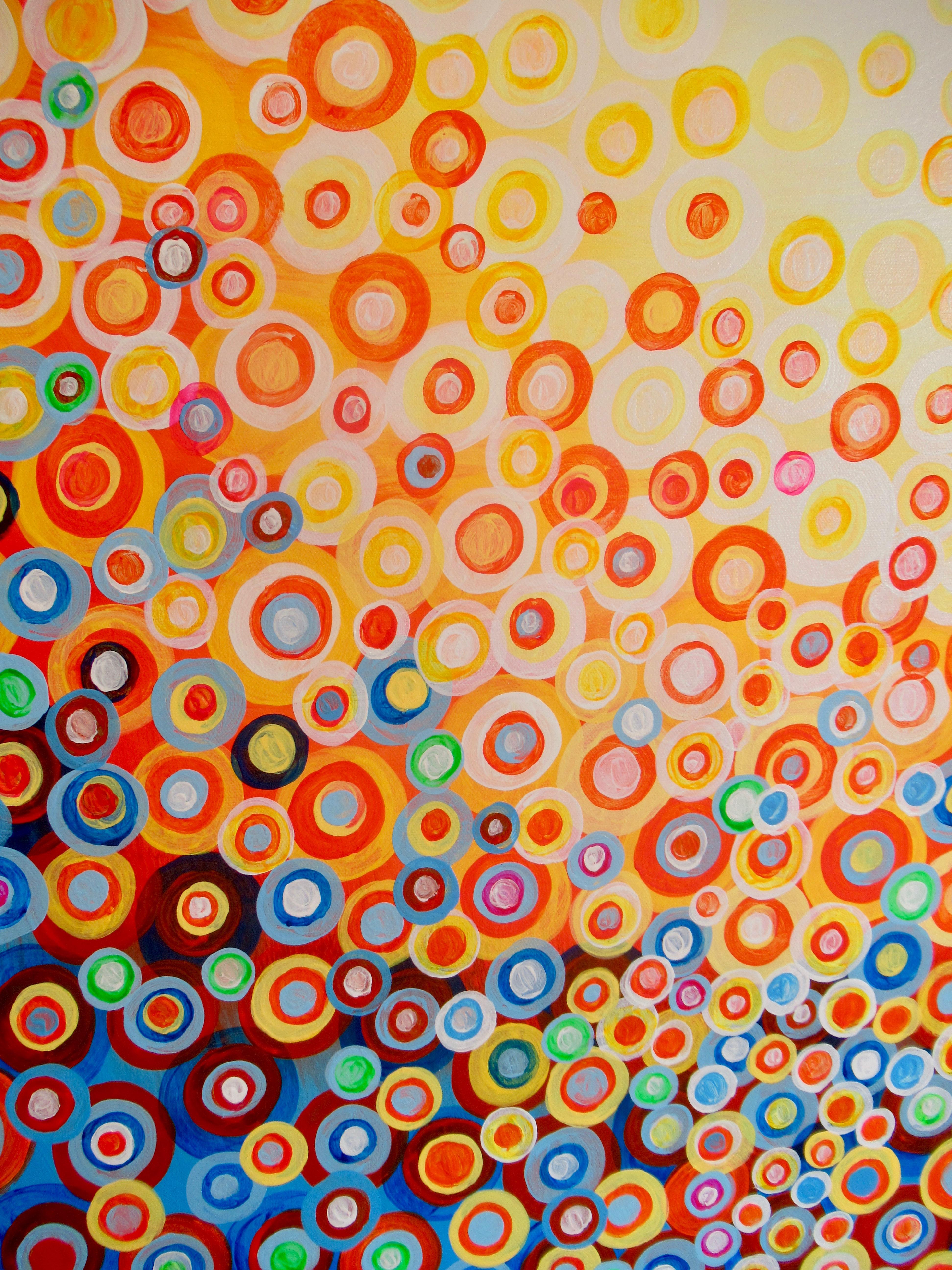 <p>Artist Comments<br />Radiant yellow, orange, red, blue, and green orbs fall from the sky silhouetted by the sun. Reminiscent of a field of spring flowers in the bright morning light. This piece is part of artist Natasha Tayles's signature Circles