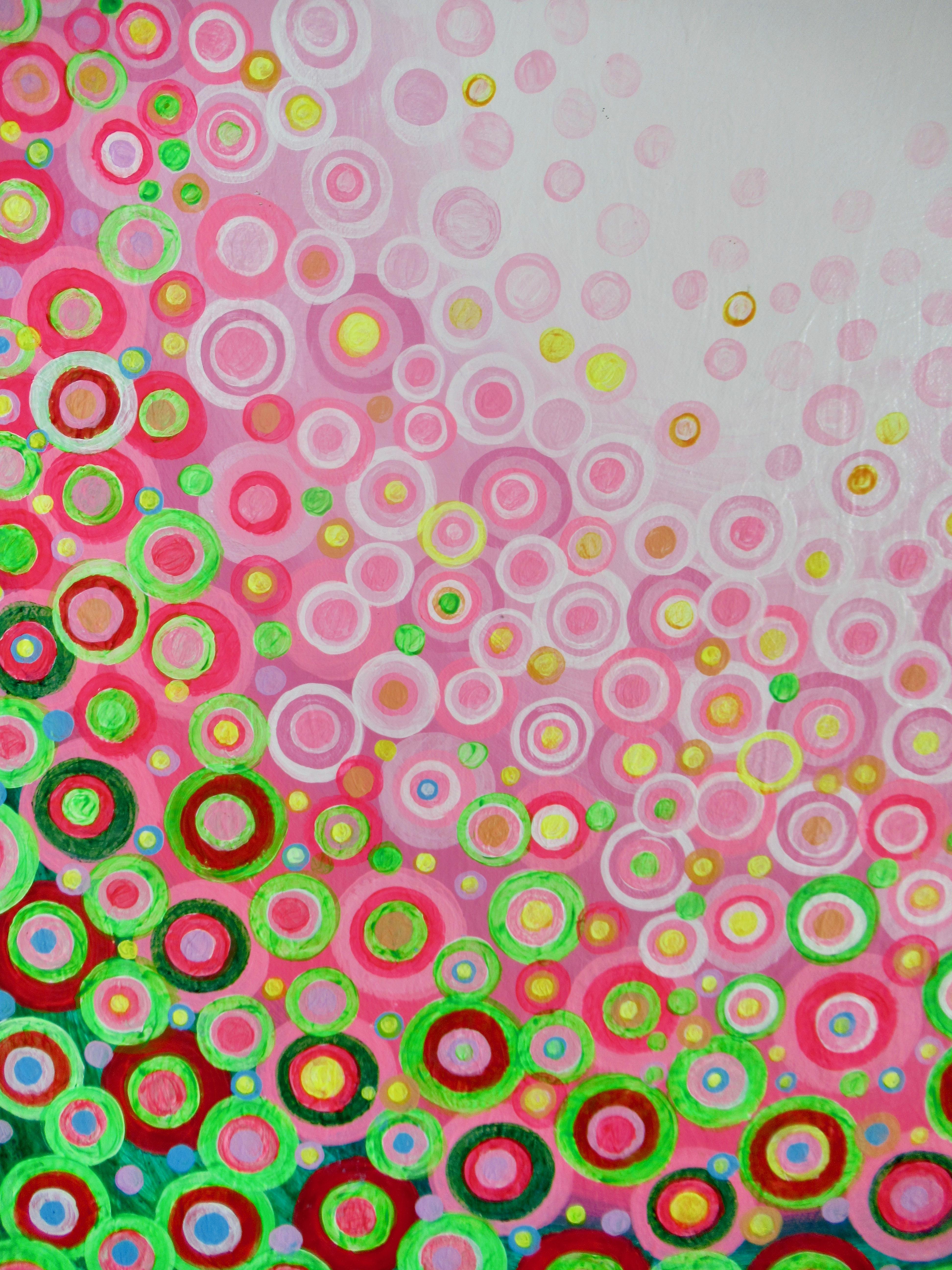 <p>Artist Comments<br />Part of artist Natasha Tayles signature Circles series. Circular patterns of greens, pinks, yellow, red, and blue gradually fade into the horizon. Reminiscent of the sun shining on a field of spring flowers.</p><br /><p>About