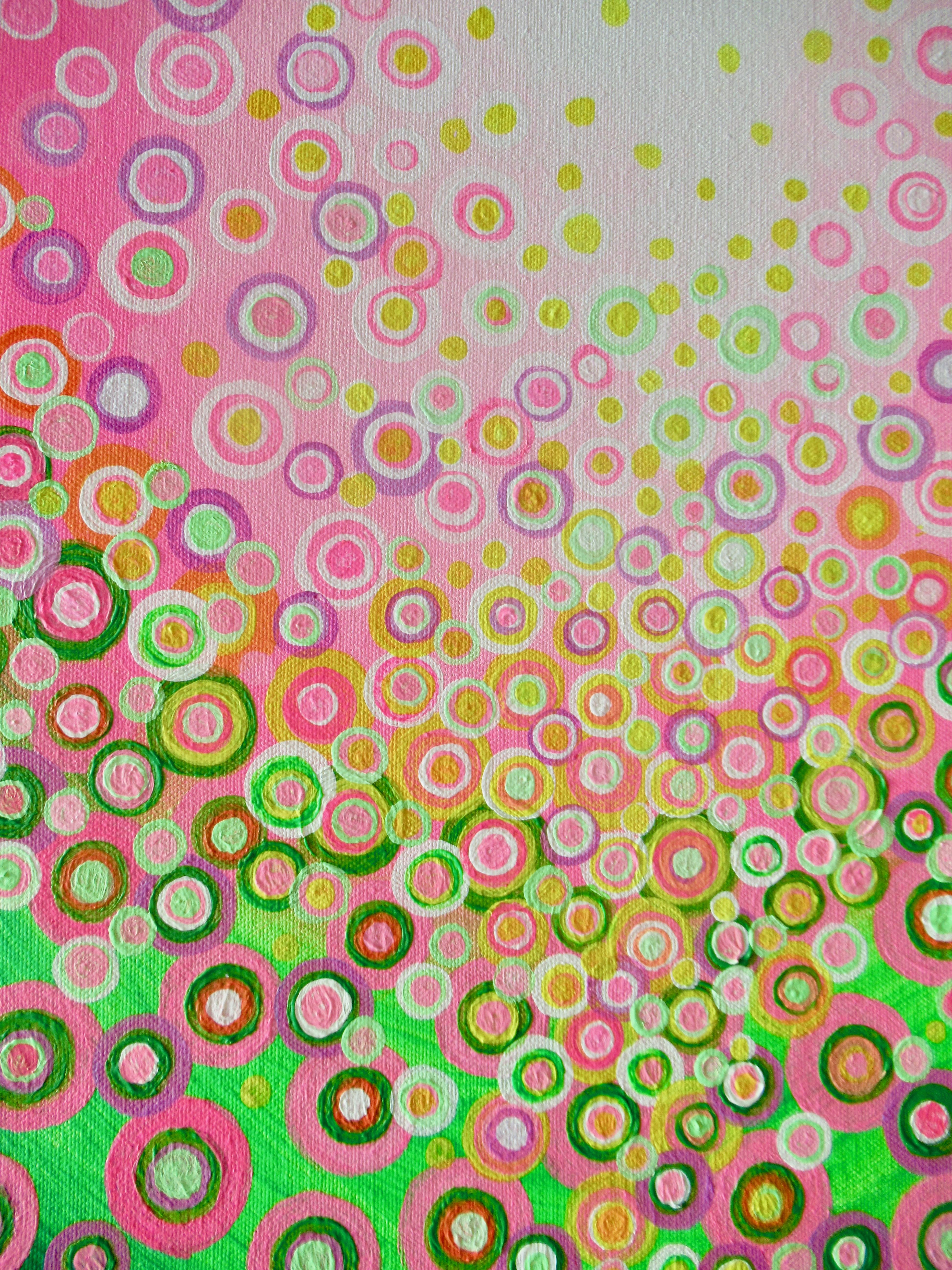 <p>Artist Comments<br />Dainty pink and green circles softly tumble from the sky. As if bubbles reflecting a myriad of colors on their surface while an ethereal light illuminates from above. Part of artist Natasha Tayles's signature Circles