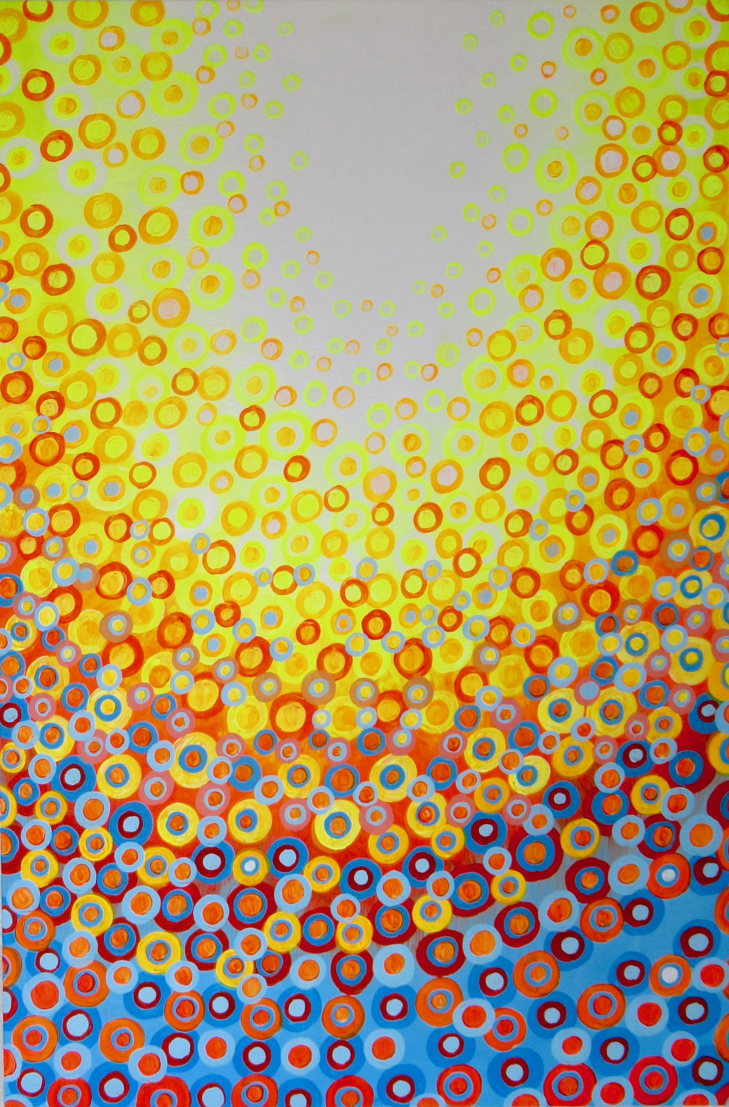 <p>Artist Comments<br>Brilliant yellow, orange, red, and blue orbs fall from the sky, backlit by the bright sunshine. A happy scene, reminiscent of dandelions swaying on a warm spring afternoon. This piece is part of artist Natasha Tayles's
