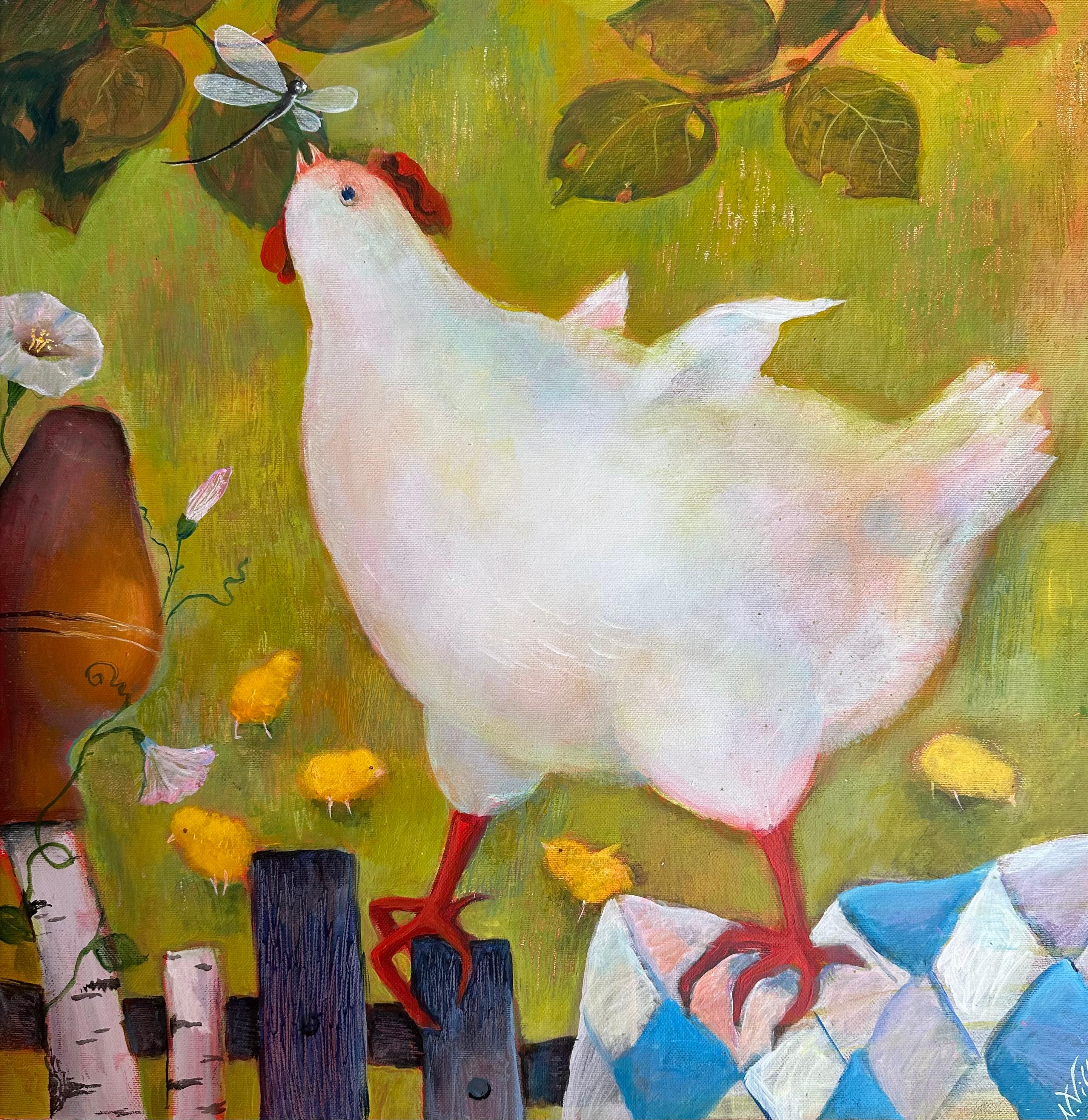 Figurative Painting de Natasha Villone - Cuadrado "Gallina a la caza", arte naif